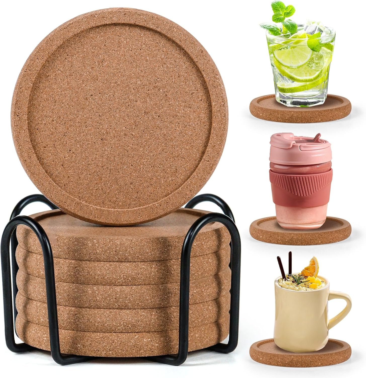 Cork Coasters for Drinks Set of 6 with Holder, 4 in Diameter | Absorbent Drink Coasters with Lip, Heat Resistant and Table Protective, Coasters for Coffee Table, Suitable for Most Cups