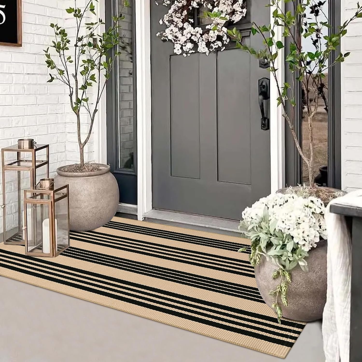 Striped Outdoor Front Door Mat 24″x51″ Rug for Entry Porch Entrance | Farmhouse Cotton Hand Woven Washable Black Khaki Runner, Reversible Foldable Home Indoor Entryway Layered Welcome Mats Decor