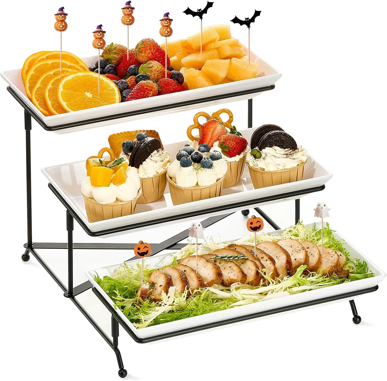 Mfacoy 3 Tier Serving Tray Set, 12″ Tiered Serving Trays Platters, Reusable Serving Tray for Party, Collapsible Sturdier Stand with Stable Cross Bars, Serving Platters for Veggie, Fruit, Dessert