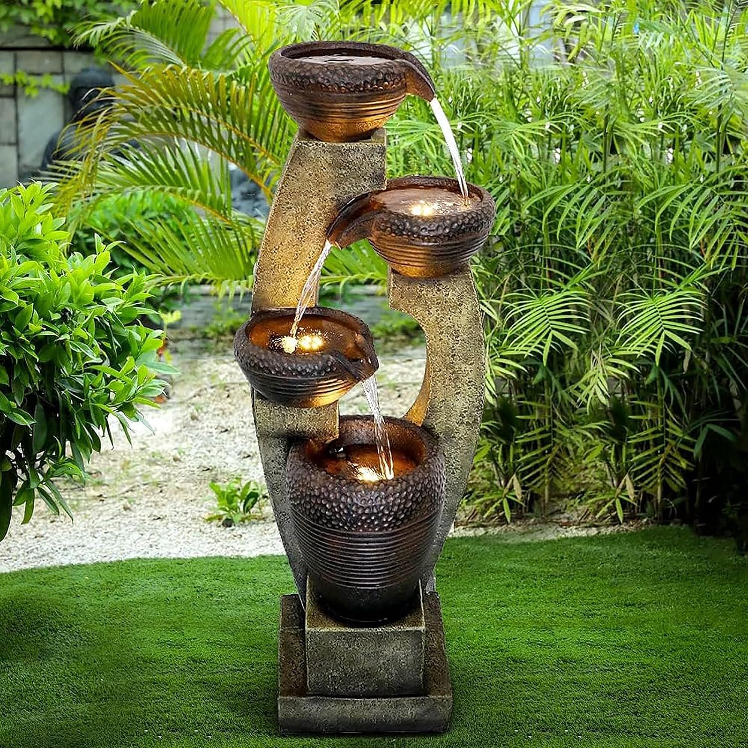 40” H Modern Outdoor Fountain – 4 Crocks Outdoor Garden Fountains with Contemporary Design&LED Light for Garden, Patio, Deck, Porch, Backyard and Home Art Decor (40in, Light Gray)