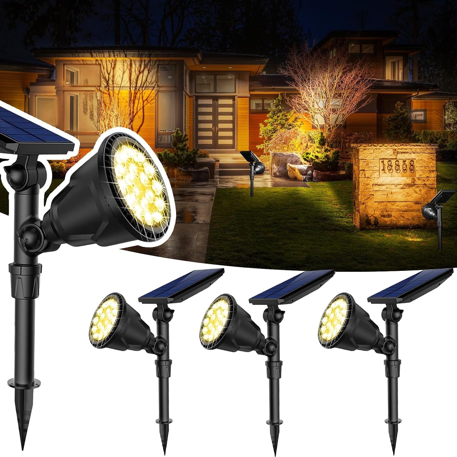 JSOT Solar Spot Lights Outdoor Ideal Decor for Landscape Warm White-4P | Halloween, Christmas Lighting, High lumen, 18LEDs, Perfect for Pathway, Garden, Tree, 2 Lighting Modes