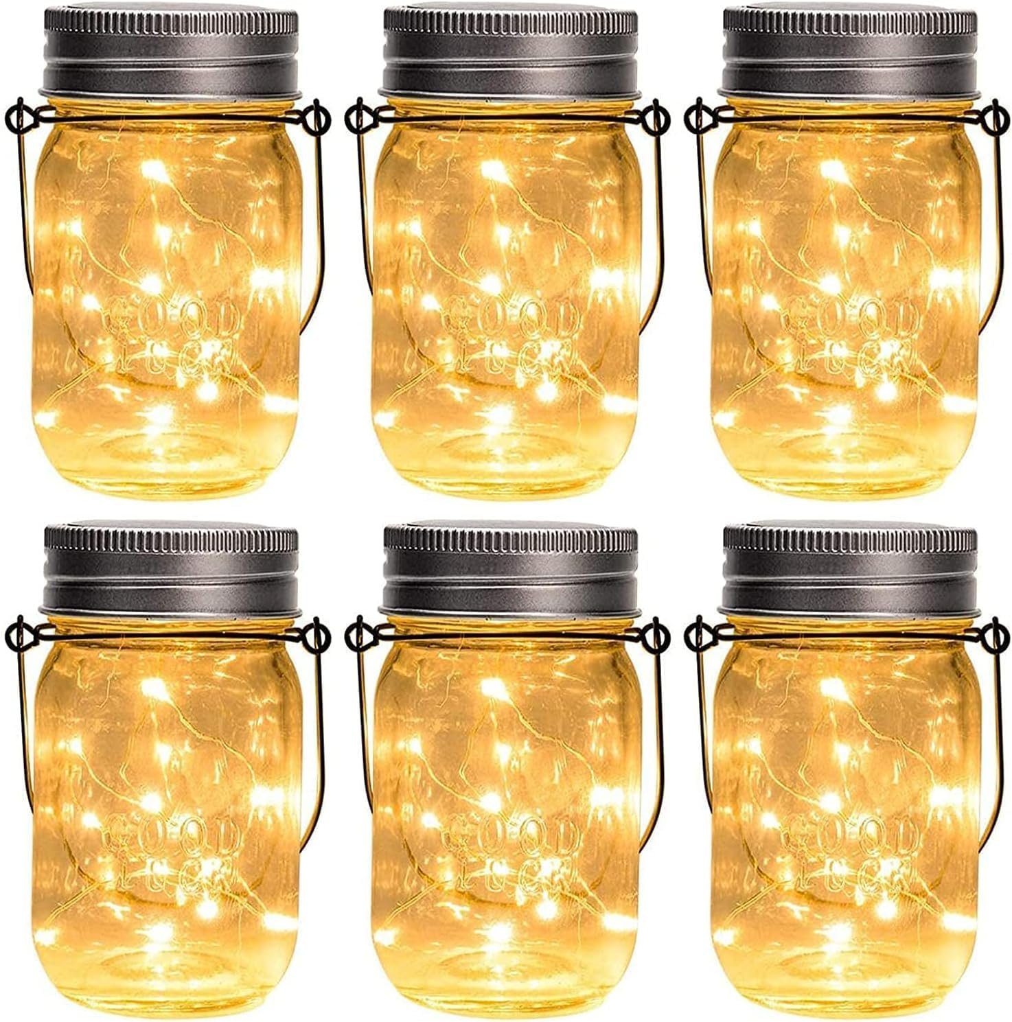 GIGALUMI Hanging Mason Jar Solar Lights, 6 Pack 30 Led Hanging Lantern | Solar Lanterns Outdoor Waterproof, Hangers and Jars Included, Fairy Light Outdoor Decor for Balcony Garden Patio Yard Wedding