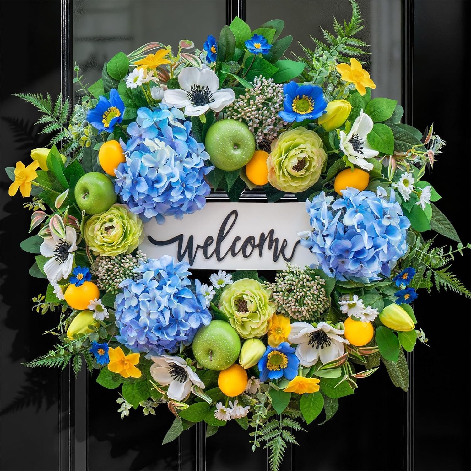 24 Inch Spring Summer Wreath for Front Door, Blue Spring and Summer Wreath with Hydrangea, Apple & Lemon, Peony Flowers and Greenery, Spring Door Wreath for Indoor Outdoor Decor