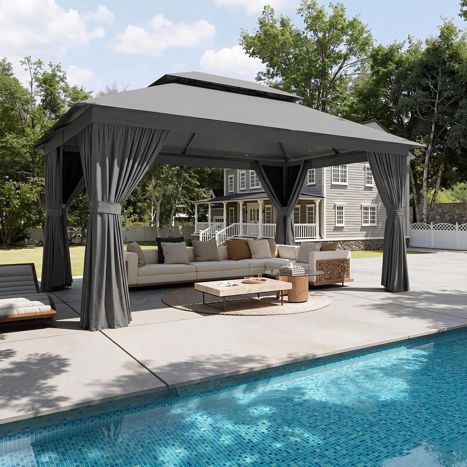 Aoxun 12×10 Gazebo Metal Frame Canopy Tent, Gray | Outdoor Party Tent with Double Roofs Heavy Duty | Mosquito Netting and Privacy Screen