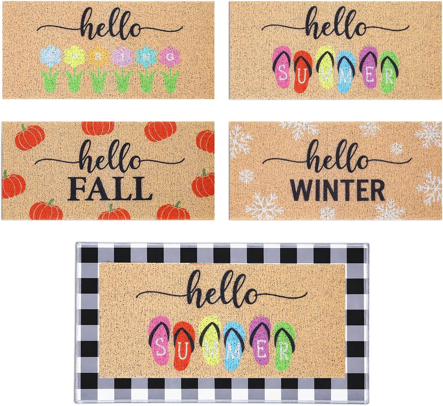 Tinideya 5 Pcs Seasonal Front Door Mat Set Interchangeable Welcome Doormats with Black and White Checkered 22 x 10 Inches Non Slip Mat Entrance Home Floor for Front Door Entrance Decor
