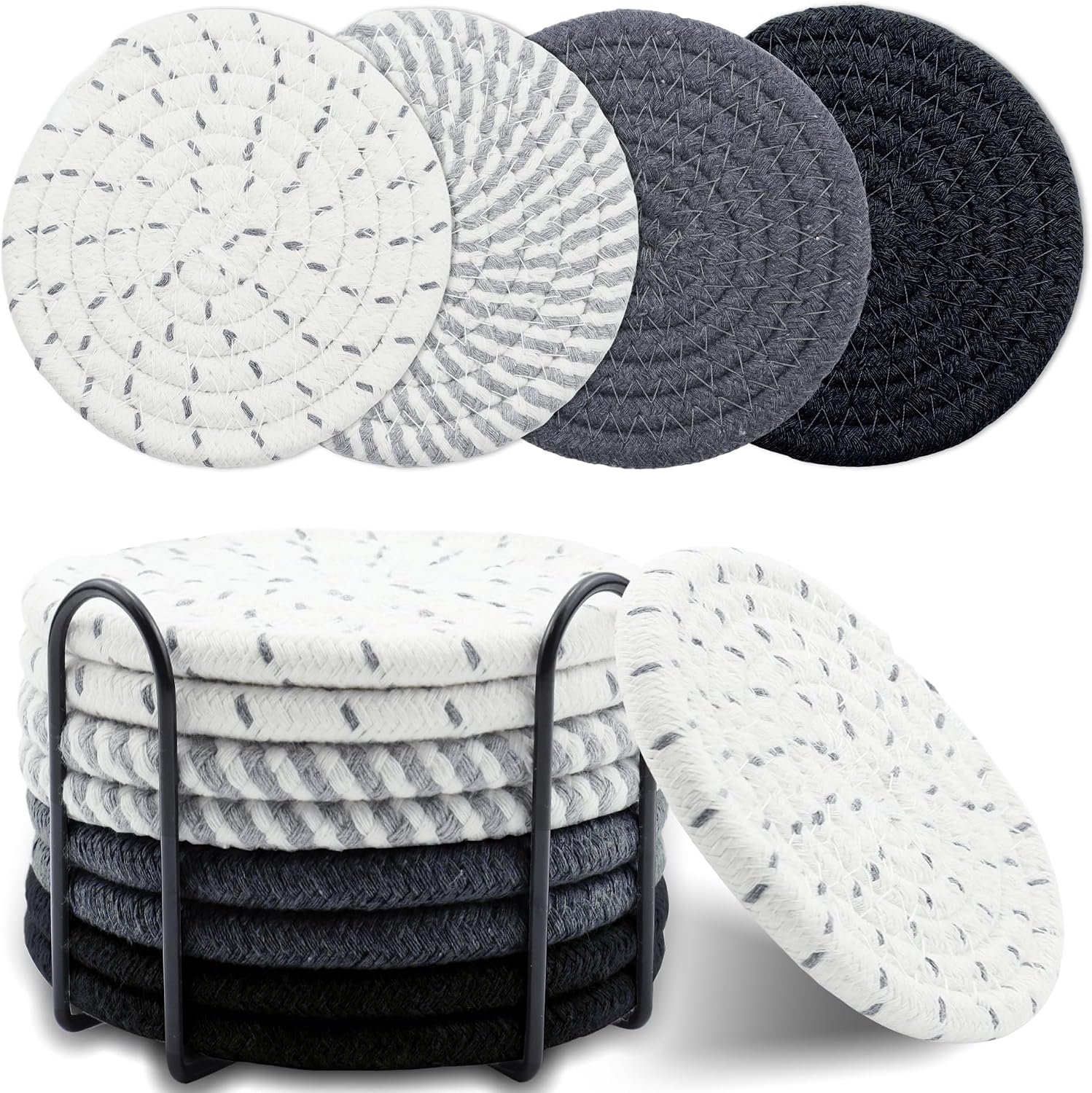 8 Pcs Drink Coasters with Holder, Minimalist Cotton Woven Coaster Set, 4 Colors Absorbent Coaster Protection Protection for Various Cups, Ideal for Coffee Tables and Home Decor Tabletop, 4.3 Inches