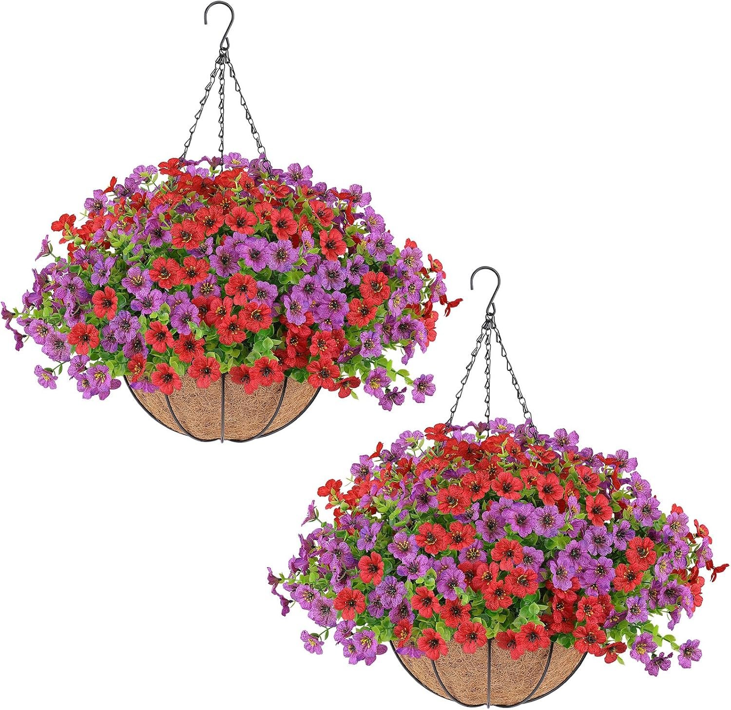 AGIRL 2 Set Artificial Hanging Flowers with Baskets for Outdoors | UV Resistant Fake Plants for Outdoor Porch Patio Garden, Realistic Silk Flowers for Spring Summer Home Decor
