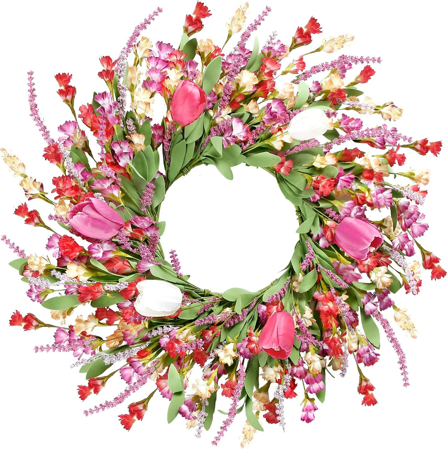 Sggvecsy Spring Summer Wreath for Front Door 22 Inch Artificial Colorful Flower Wreath with Colorful Tulips Greenery Leaves Lavender for All Seasons Home Farmhouse Indoor Outdoor Wall Decor (Mixed)