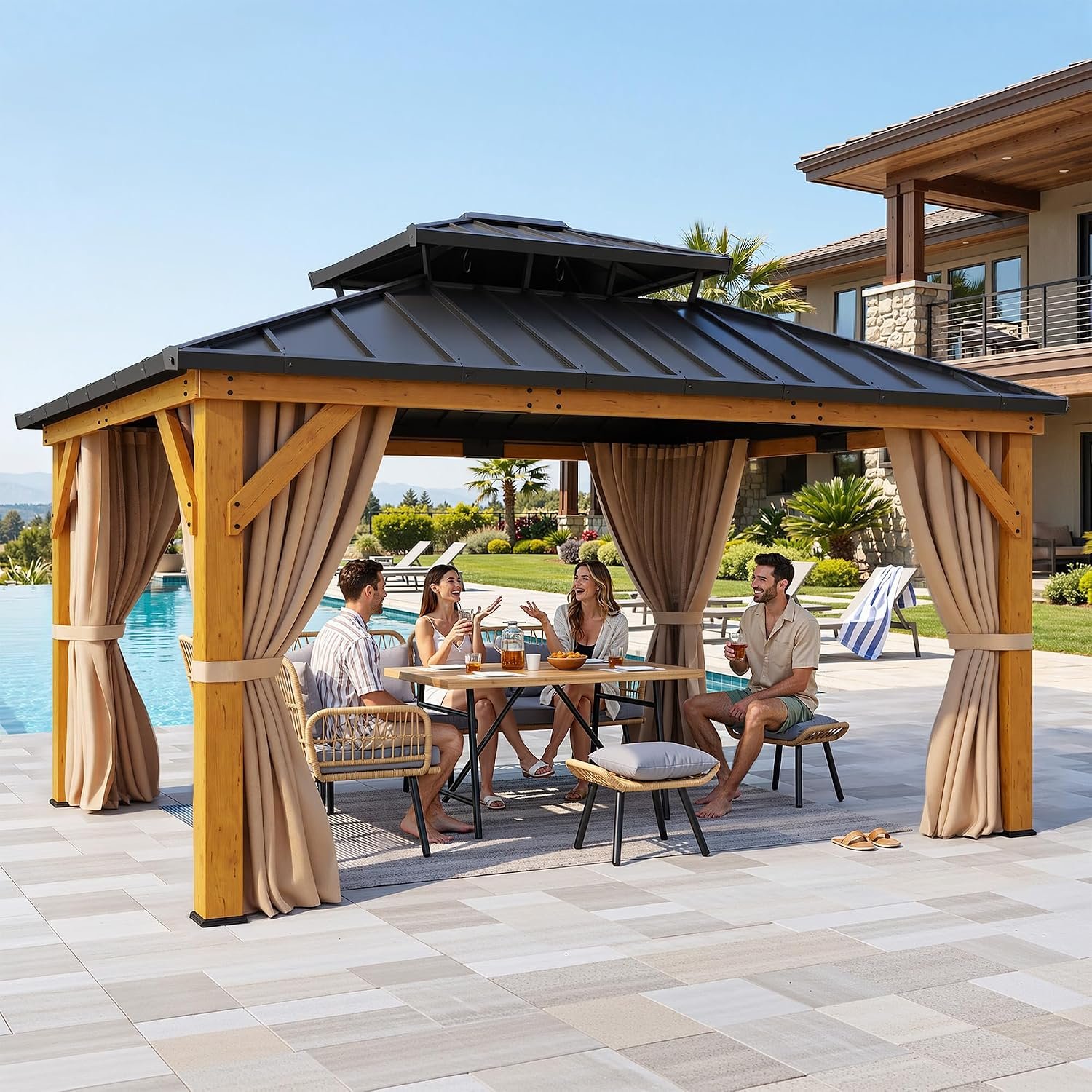 YITAHOME 13X15 Wood Gazebo Heavy Duty Hardtop with Nettings and Curtains | Double Roof Galvanized Steel Outdoor Wood Frame Roof for Patio, Backyard, Deck, Lawns