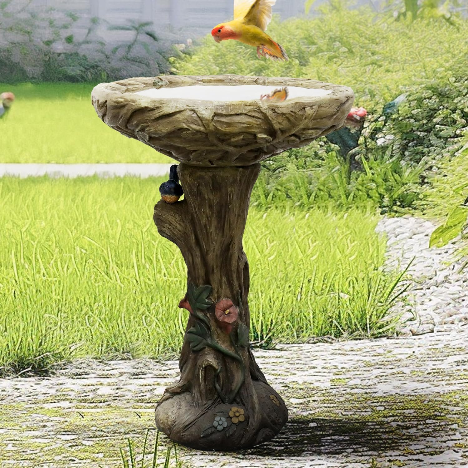 25.5 Inch Heigh Wood-Look Concrete Bird Bath with Decorative Faux Bird – birdbath Rustic & Long-Lasting Design, Enhances Garden, Patio, Yard, Lawn Décor