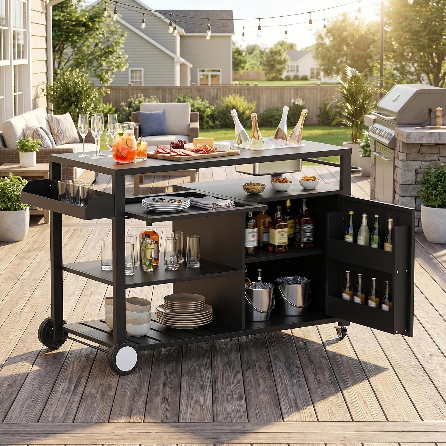 52 Inch Outdoor Grill Cart with 304 Stainless Steel Ice Bucket, Rolling Kitchen Bar Table Cart with Storage Cabinet and Pull Out Shelf, Black Movable Kitchen Island on Wheels for Backyard