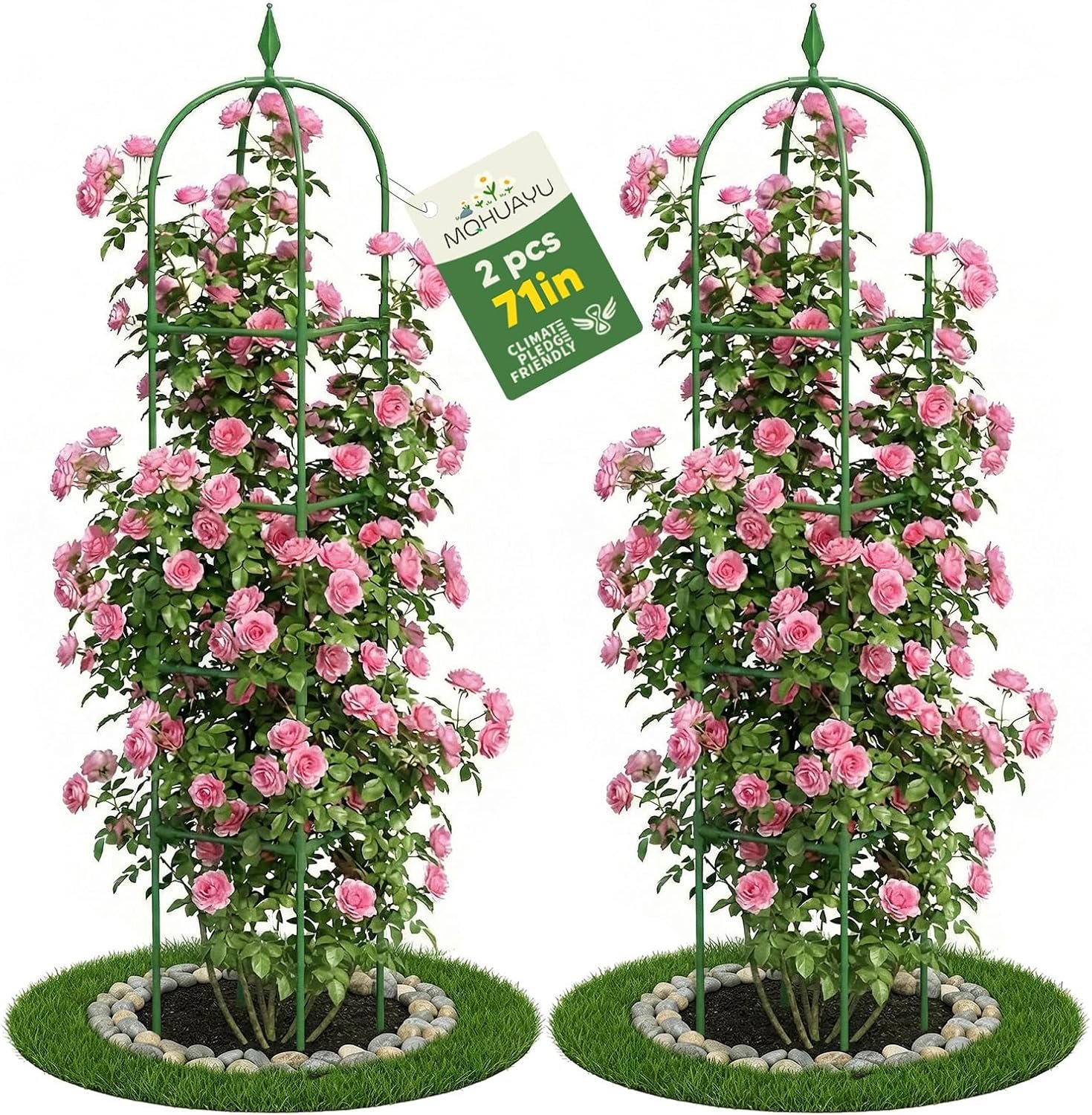 2 Pack Garden Obelisk Trellis for Climbing Plants, 6 FT Metal Rustproof Plant Support Rose Trellis, Tower Potted Cages for Flowers Fruits Vegetable Vines Indoor & Outdoor, Green(4 Tiers)