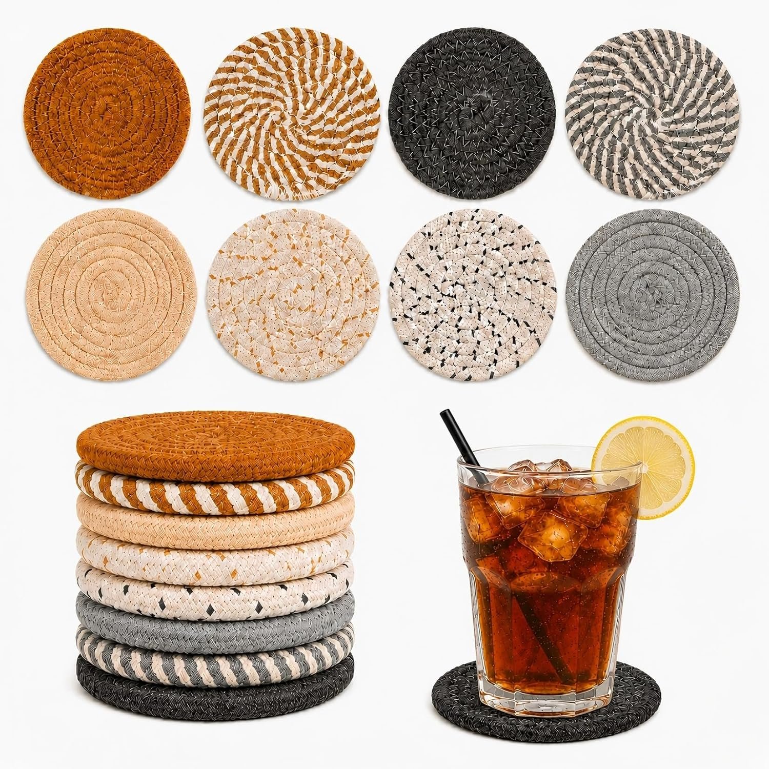 MAQIHAN 8 PCS Coasters for Drinks – Woven Absorbent Coaster Set of 8 Colors | 4.3 Inch Handwoven Cotton Coasters for Boho Home Decor Coffee Table Farmhouse Kitchen Tabletop Protection & Housewarming Gift