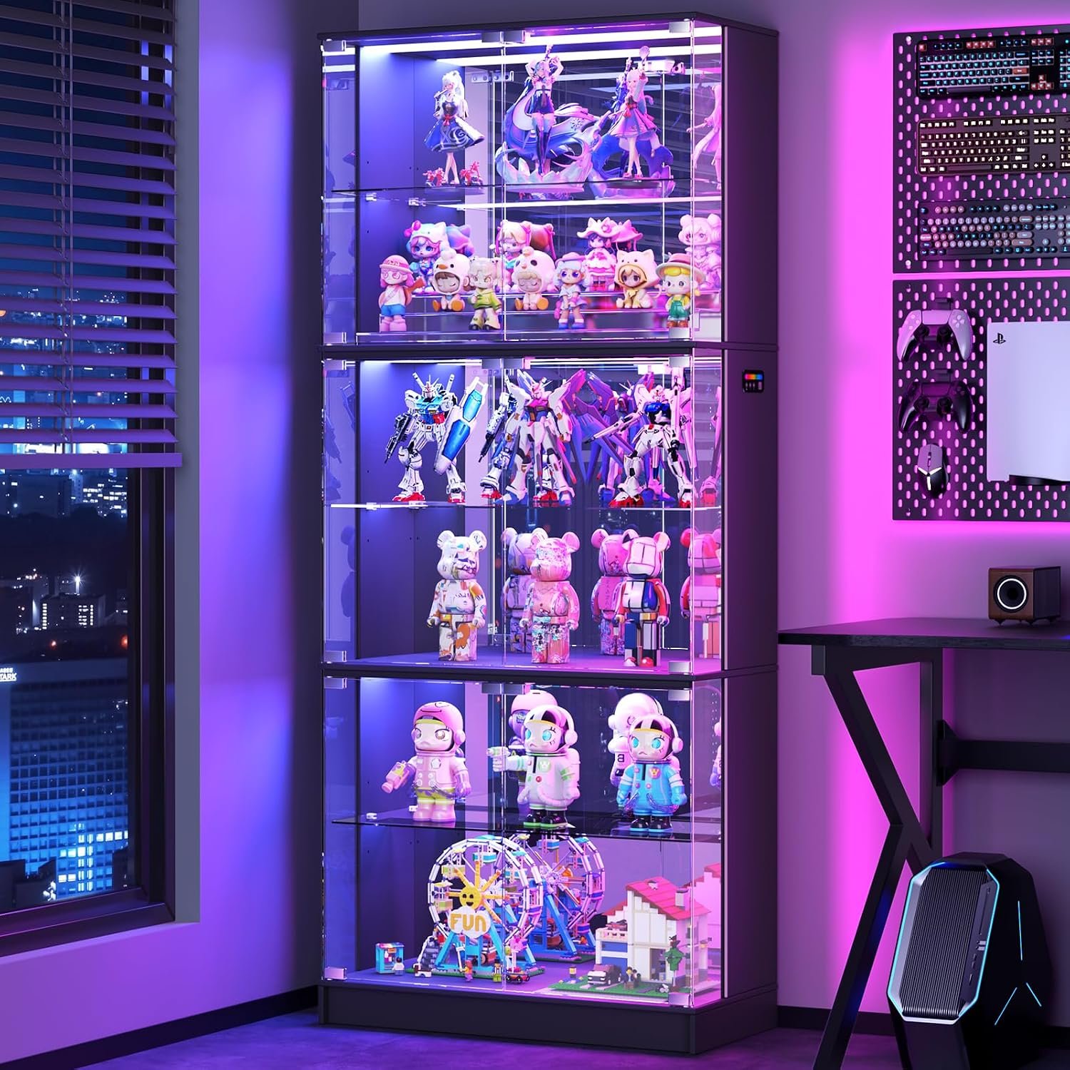 VersionTECH. Display Cabinet with Glass Doors, 6-Tier 71” Tall Curio Cabinet with RGB Lights for Collectibles, Display Case with Adjustable Glass Shelves, Human Body Sensor, Mirror Backing, Black