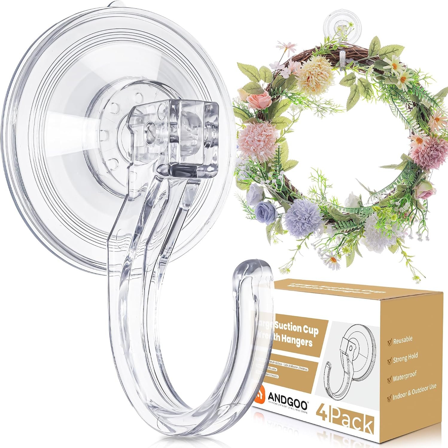 4 Pack Large Suction Cup Hooks for Door Wreaths, Wreath Hangers for Front Door, Glass, Window, Shower, Upgraded 1.9″ Diameter Wreath Holder, No Tools, No Damage, Holds Up to 22 lbs