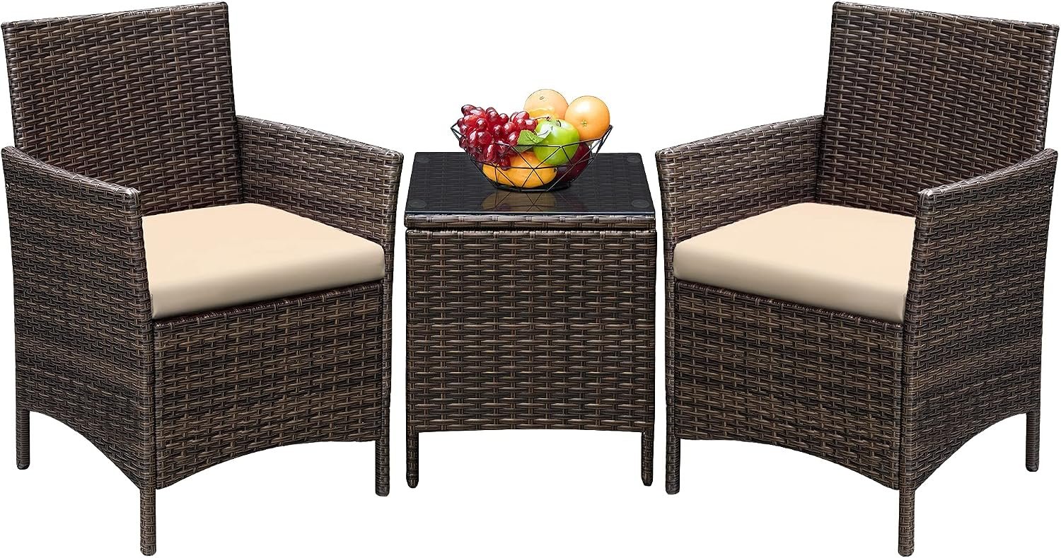 Greesum 3 Pieces Patio Furniture Sets Outdoor PE Rattan Wicker Chairs with Soft Cushion and Glass Coffee Table for Garden Backyard Porch Poolside, Brown and Beige | With Soft Cushion and Glass Coffee Table for Garden Backyard Porch Poolside,Brown Rattan