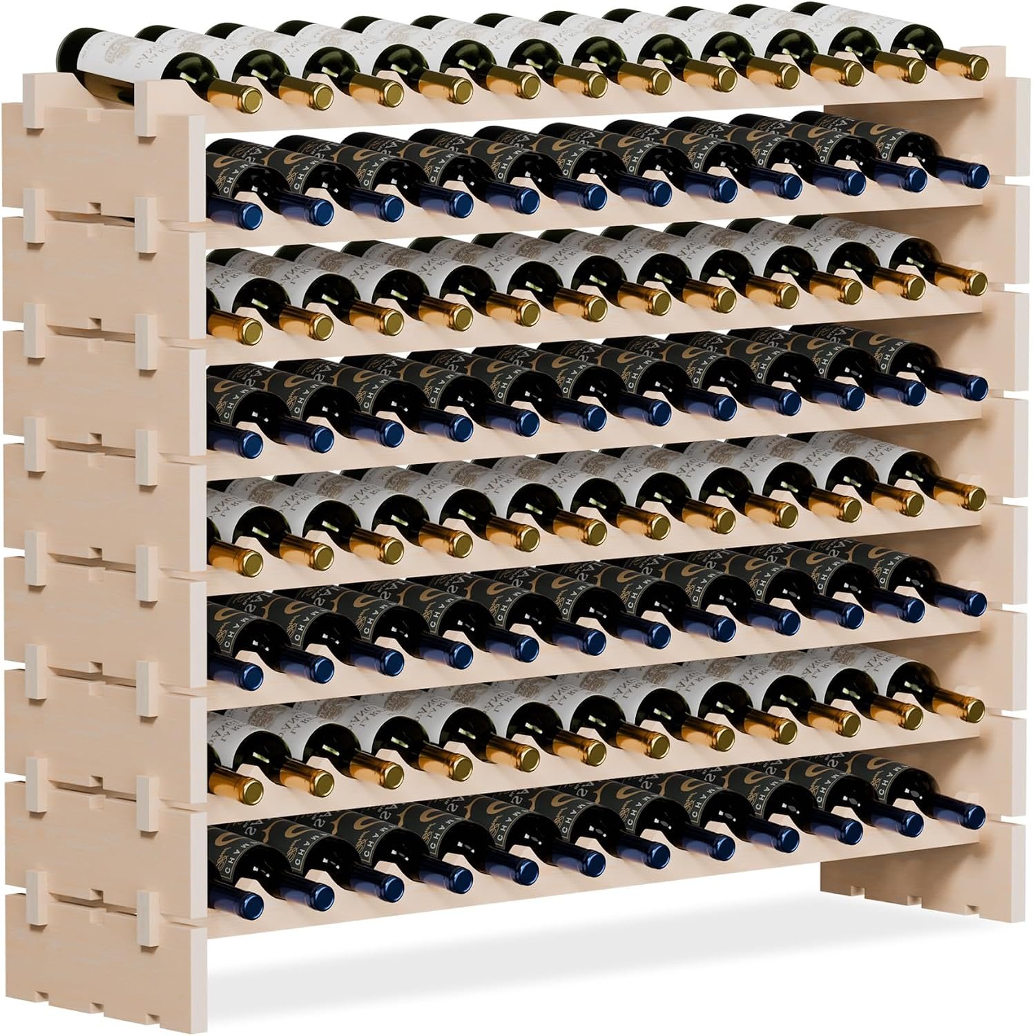 96 Bottles Stackable Modular Wine Rack, 8-Tier Wooden Wine Storage Rack Freestanding Wine Holder Display Shelves, Wobble-Free Shelves, Solid Wood