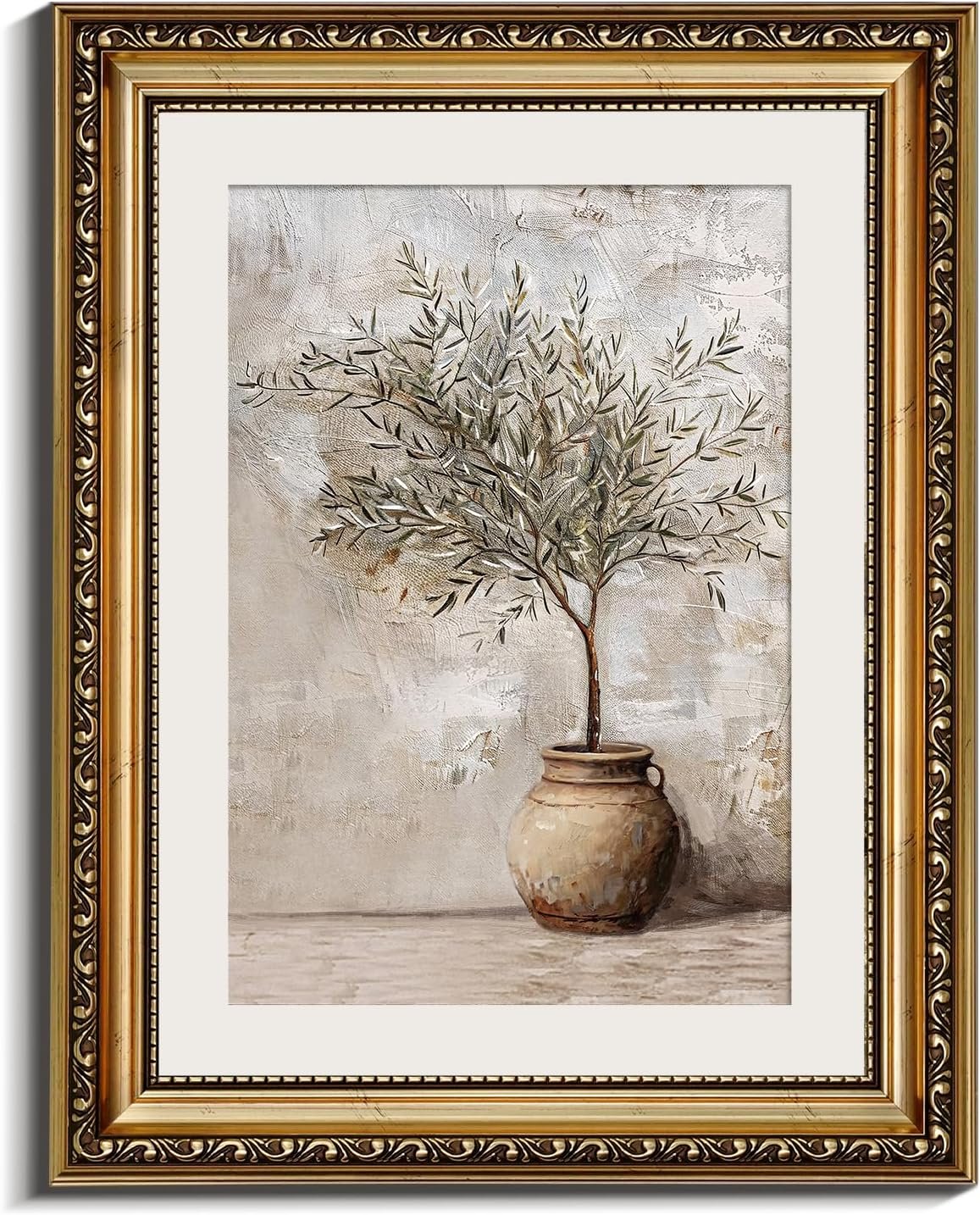 InSimSea Retro Gold Framed Wall Art, Vintage Olive Tree in Vessel Home Wall Decor, Canvas Print Artwork, Farmhouse Country Decor, Antique Picture Frame Still Life Botanical Paintings, 11×14 Inch