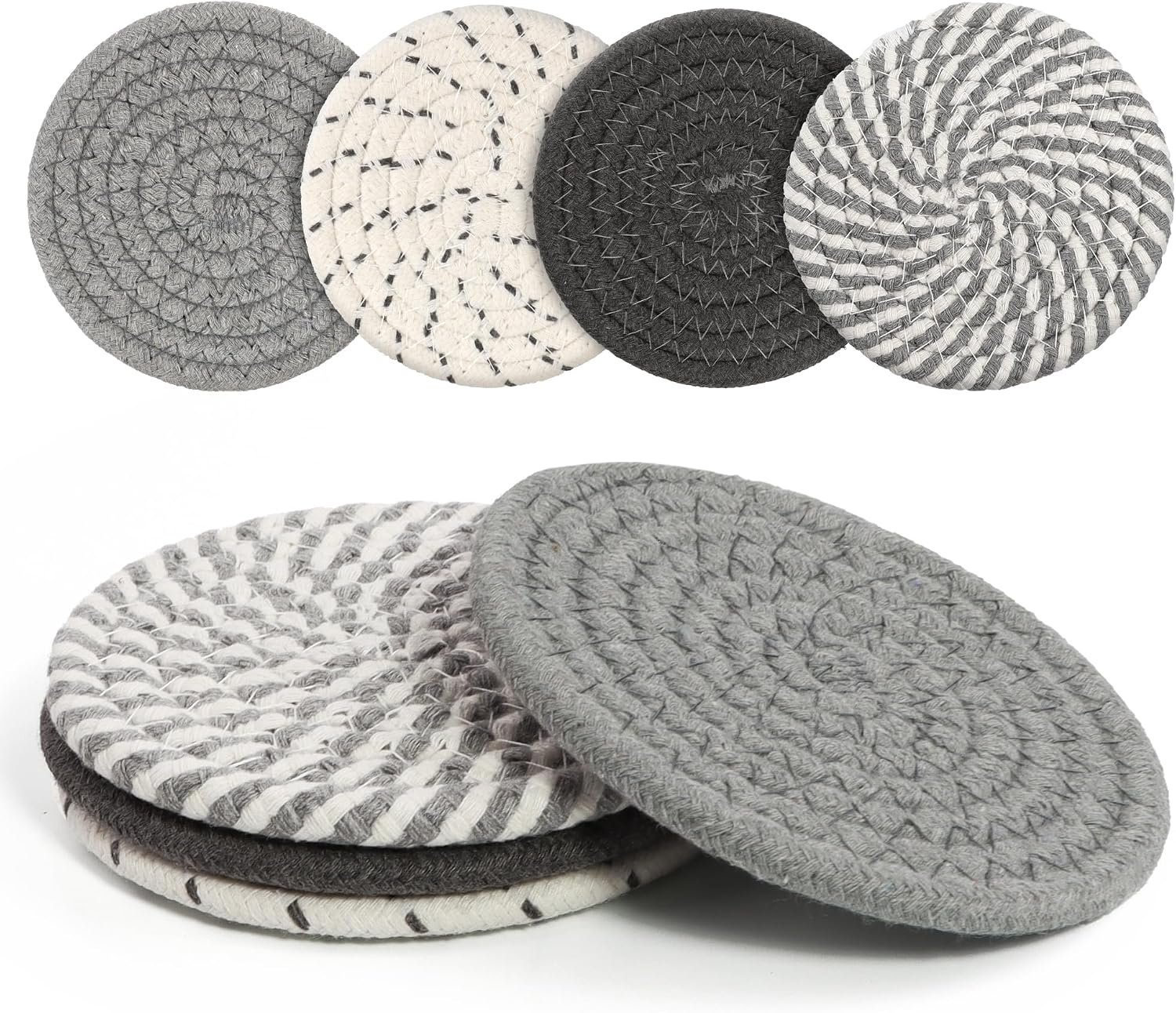 Coasters Set of 4 for Drinks, Cotton Woven 4 Colors Absorbent Boho Coasters for Home Decor Cups – Hot or Cold Drink Thickened (Grey)