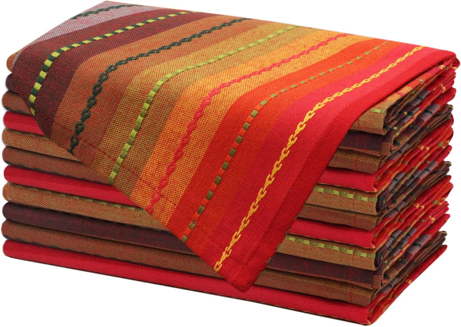 COTTON CRAFT Salsa Stripe Cloth Napkin – 12 Pack Pure Cotton Dinner Napkins | Red Rust Multi – 17×17 inch Everyday Harvest Fall Thanksgiving Christmas Holiday Reusable Washable Absorbent Table Napkins