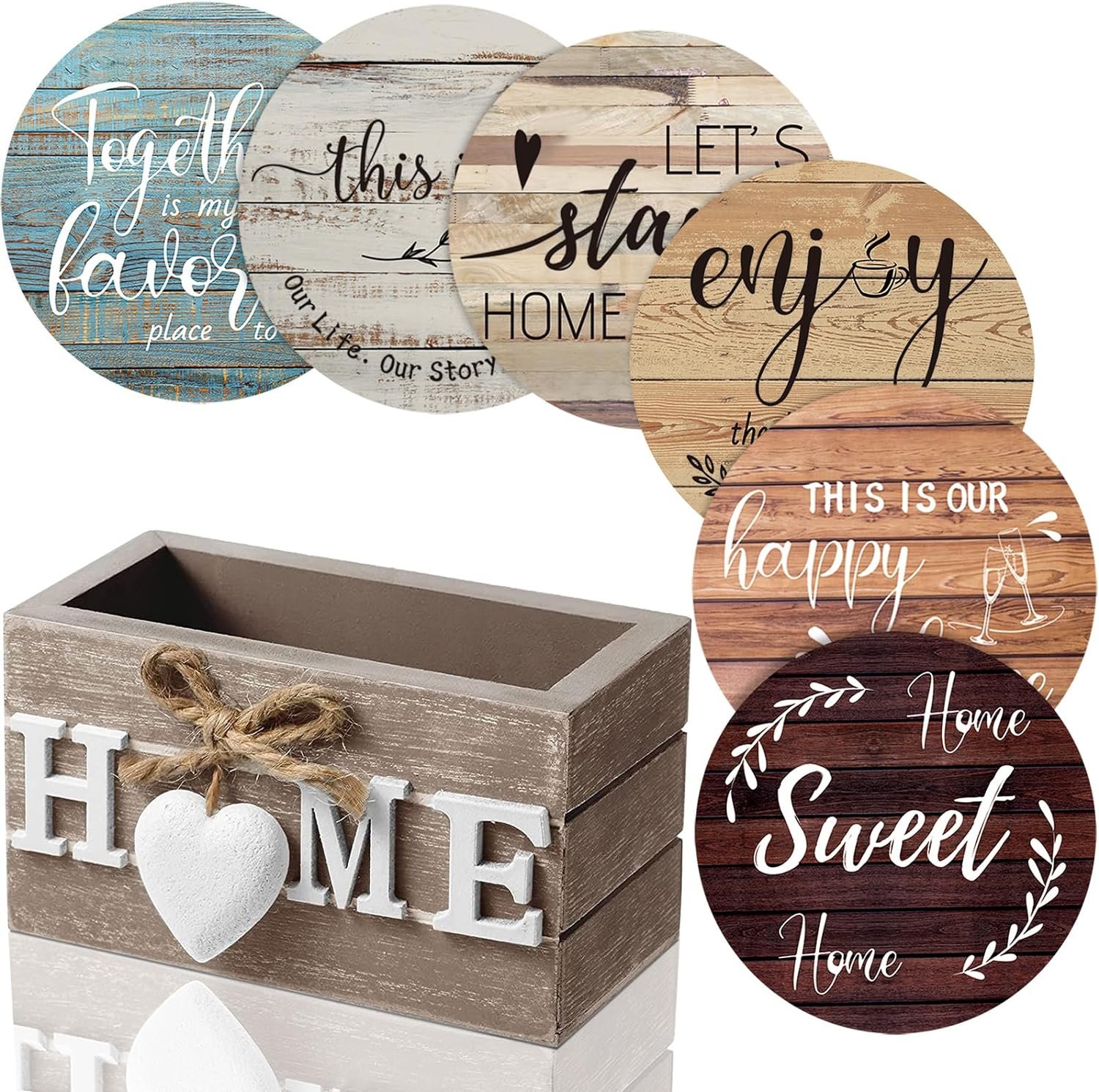 Queekay Wooden Coasters Set of 6 with Holder 4”,Farmhouse Color | Housewarming Gifts for New Home, Home Drink Coasters, Funny Farmhouse Decoration for Family Coffee Bar Tabletop Protection