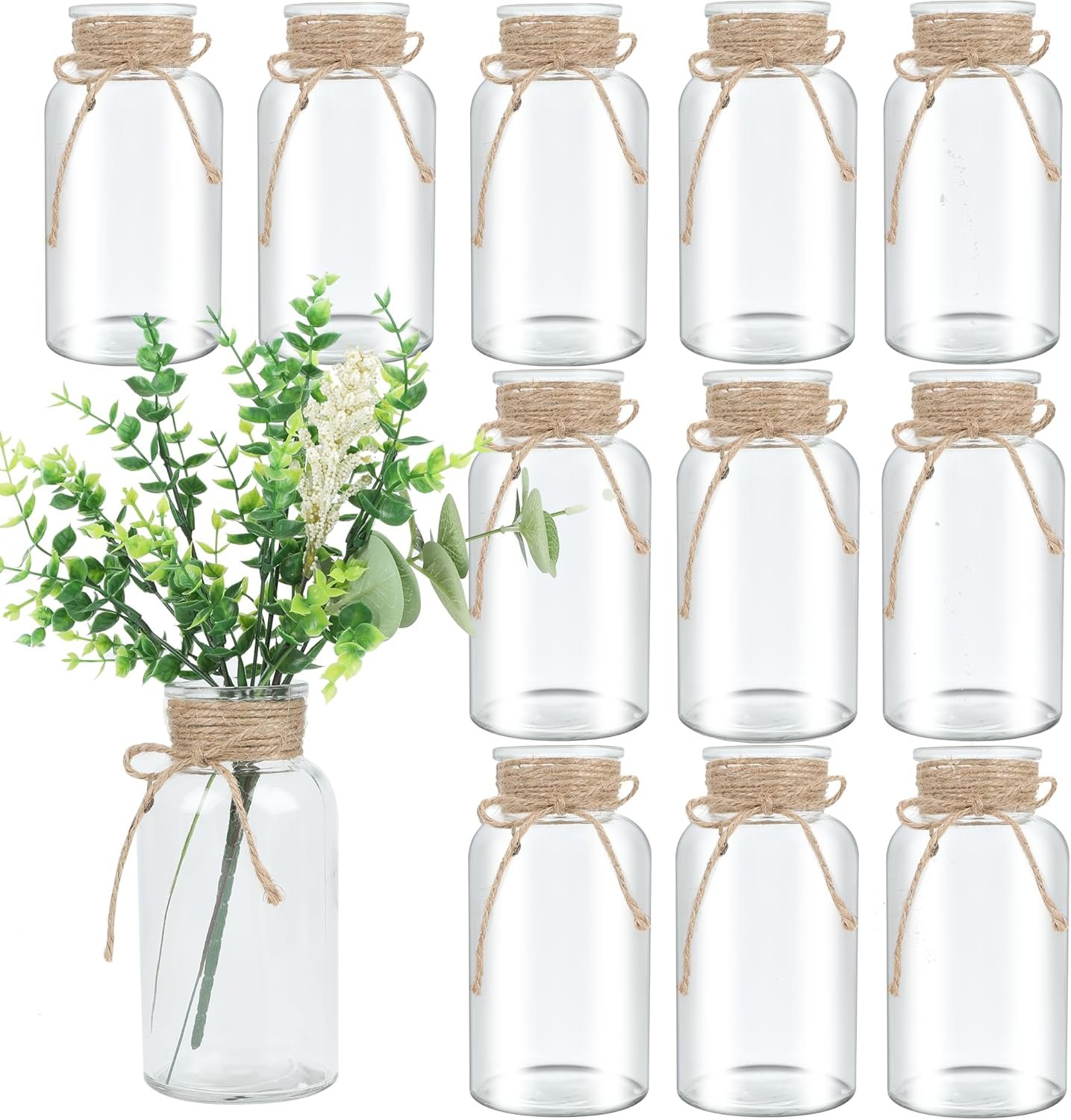 12 Pack Mason Jar Vases for Centerpieces, Clear Glass Flower Vase | Vintage Farmhouse Rustic Decorative Jars for Wedding Party Baby Shower Table Decor, Wide Mouth Mason Jars with Twine Bulk