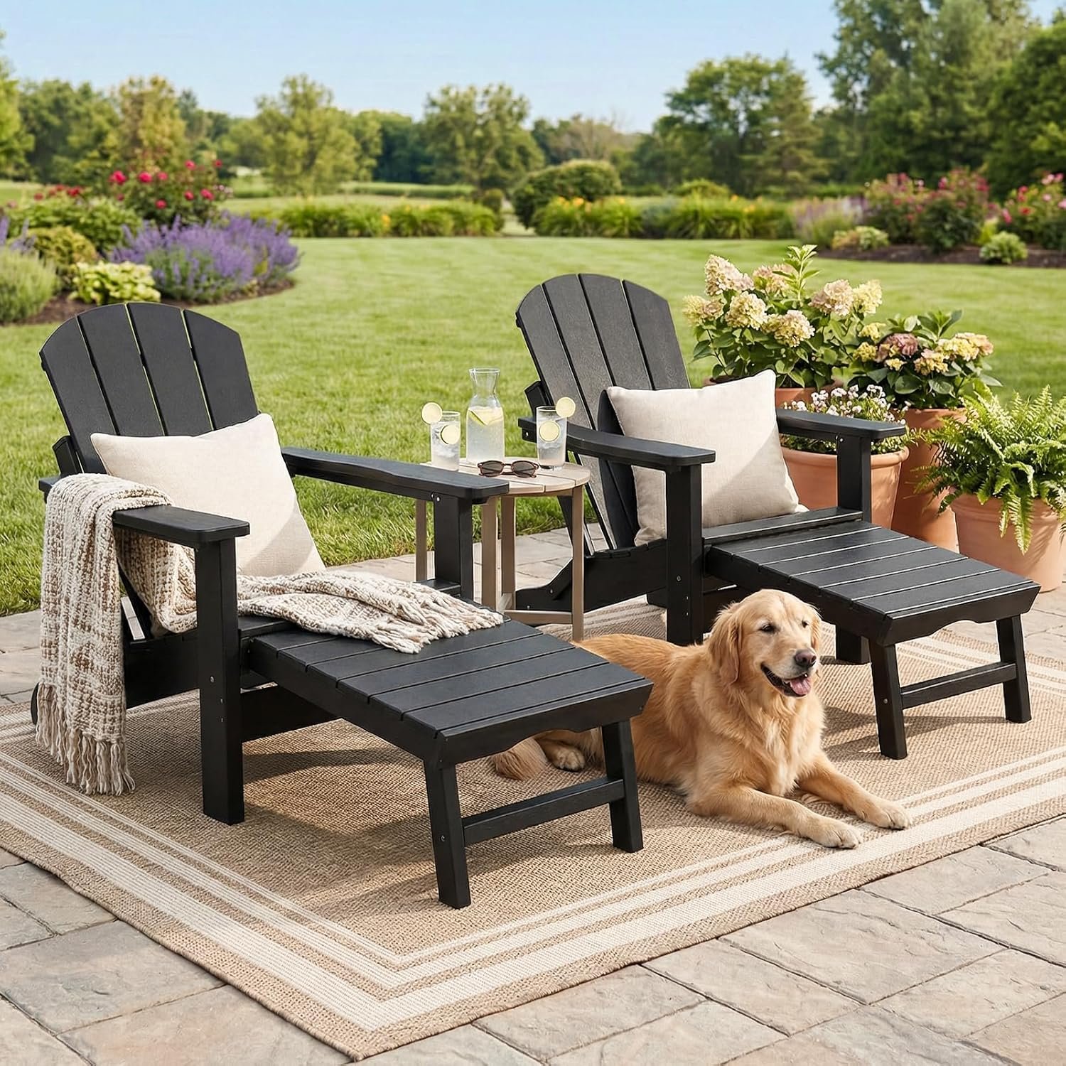 PASAMIC Folding Adirondack Chairs Set of 2 with Ottoman, 5-Position Adjustable Backrest, HDPE All-Weather Fire Pit Chairs with 2 Hidden Cup Holders, Black