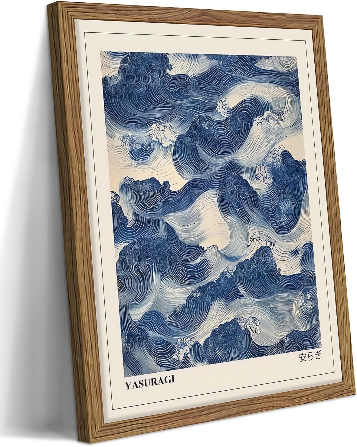 Framed Japanese Wall Art, Vintage Abstract Blue Waves Canvas Wall Decor Painting, Minimalist Japandi Oriental Ocean Aesthetic Prints Picture for Living Room Bathroom Bedroom 12×16 Inch