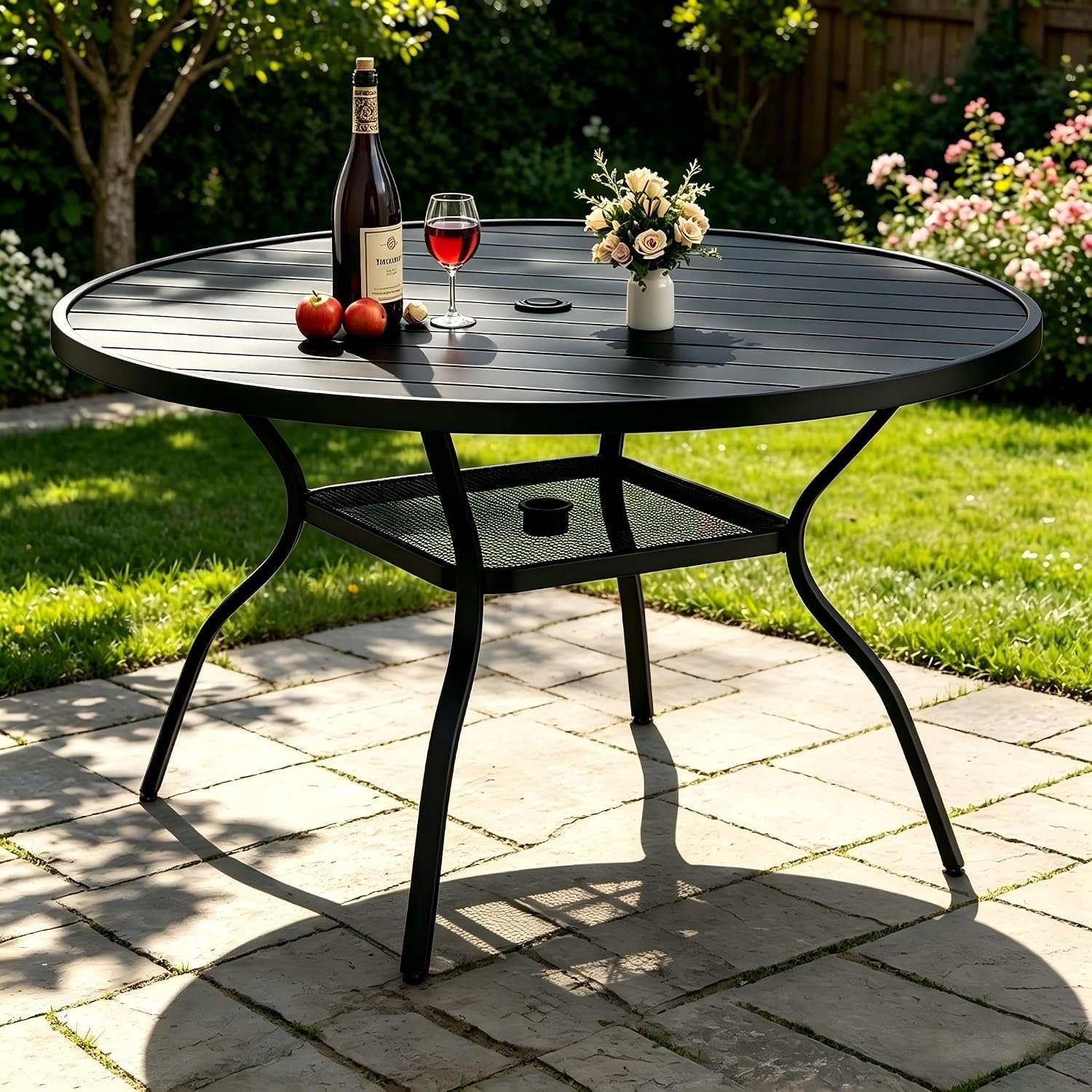 47.3 Inch Outdoor Dining Table for 6 – E-Coating Metal Round Patio Table with Adjustable 1.57″ Umbrella Hole, All-Weather Table for Porch, Garden, Backyard, Poolside, Lawn