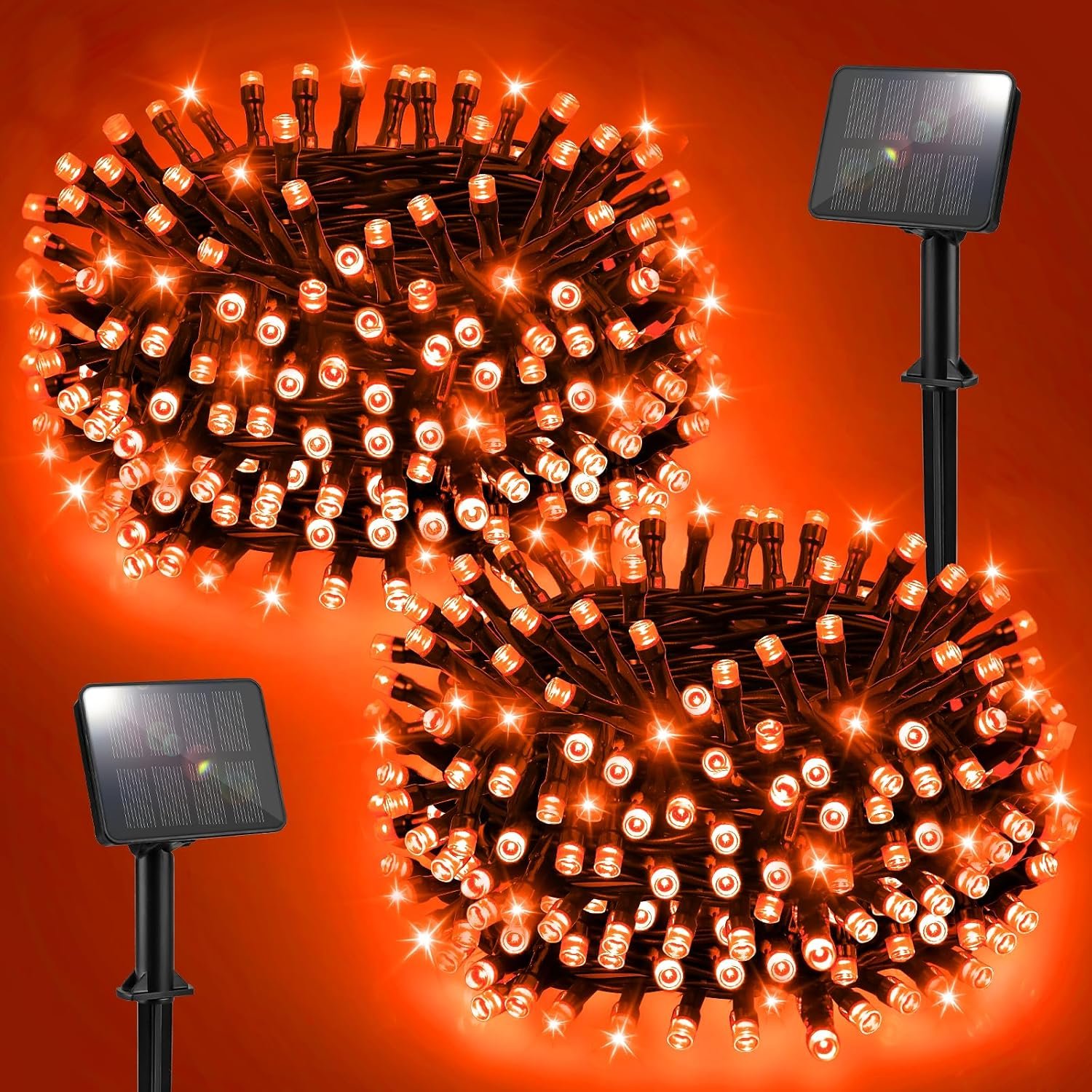 Solar Orange Lights for Halloween String Lights Outdoor Waterproof Total 100LED 33FT with 8 Modes for Yard/Patio/Tree, 16.4Ft*2, 50LED*2 for Halloween Decoration
