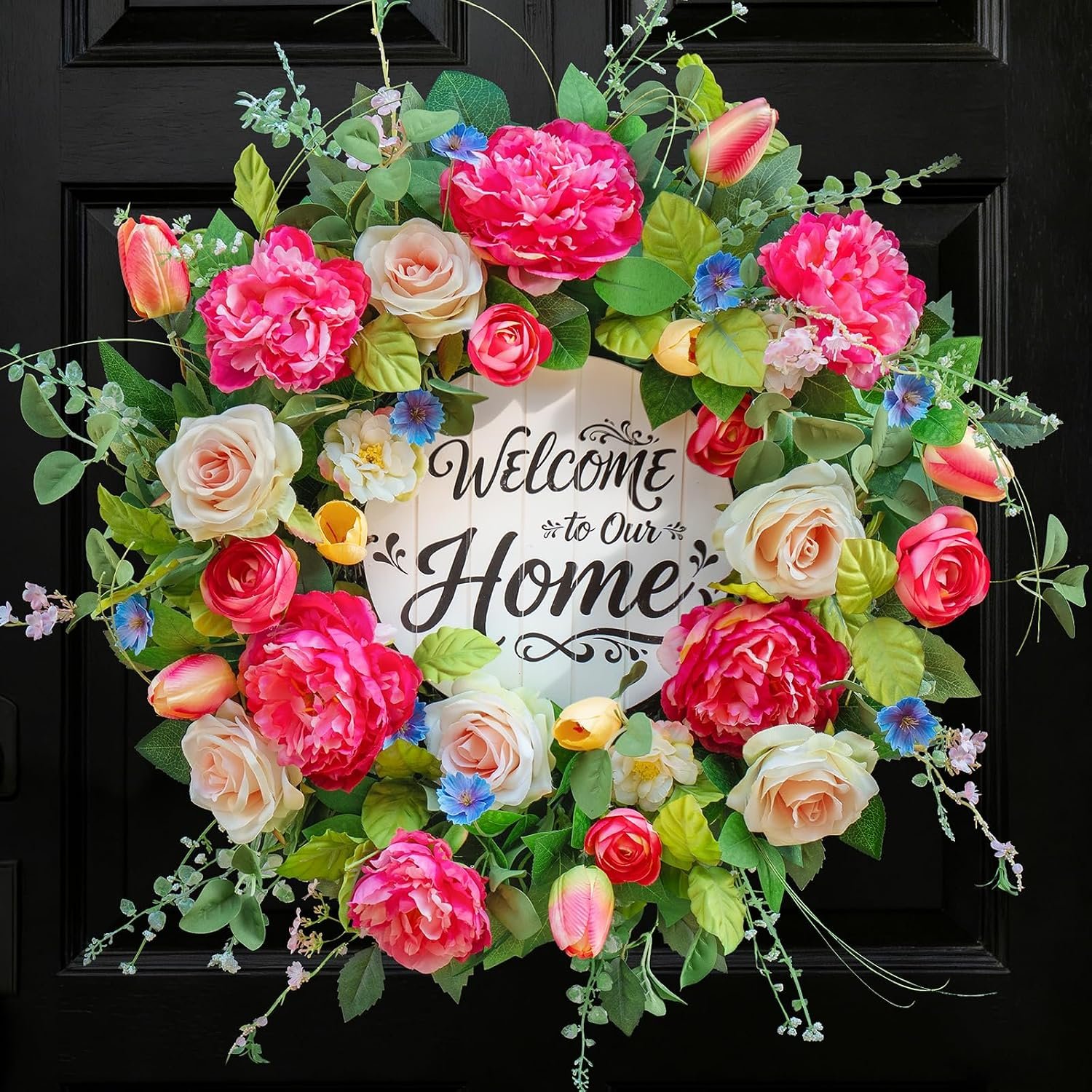 Spring Wreaths for Front Door Outside– 24 Inch Spring Door Wreath with Pink Magnolia and Anemone Floral Wreath with Greenery,Colorful Welcome Summer Wreaths for Front Door