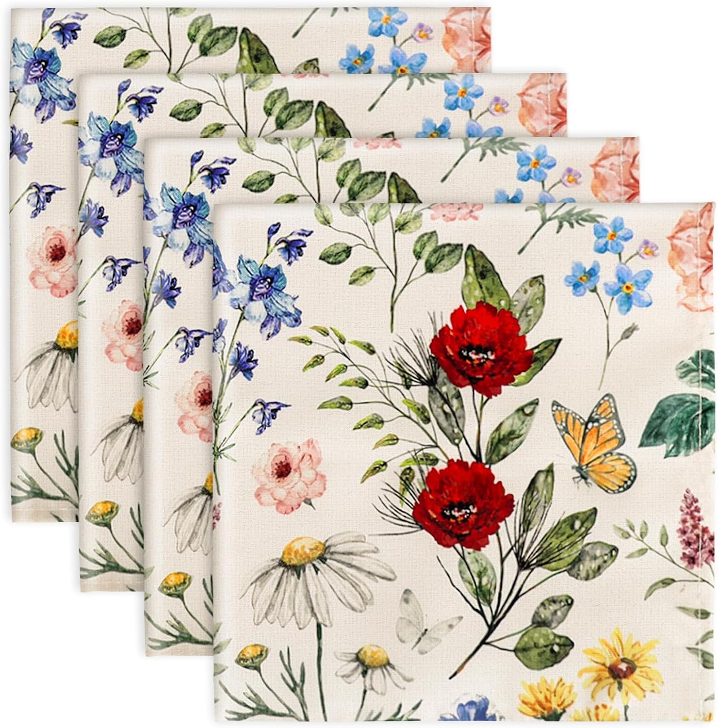 JarThenaAMCS Wildfloral Cloth Napkin Vintage Wildflower Dinner Napkin Reusable Kitchen Table Top Collection for Farmhouse Party Dining Table Decor, Set of 4, 18 x 18 Inch