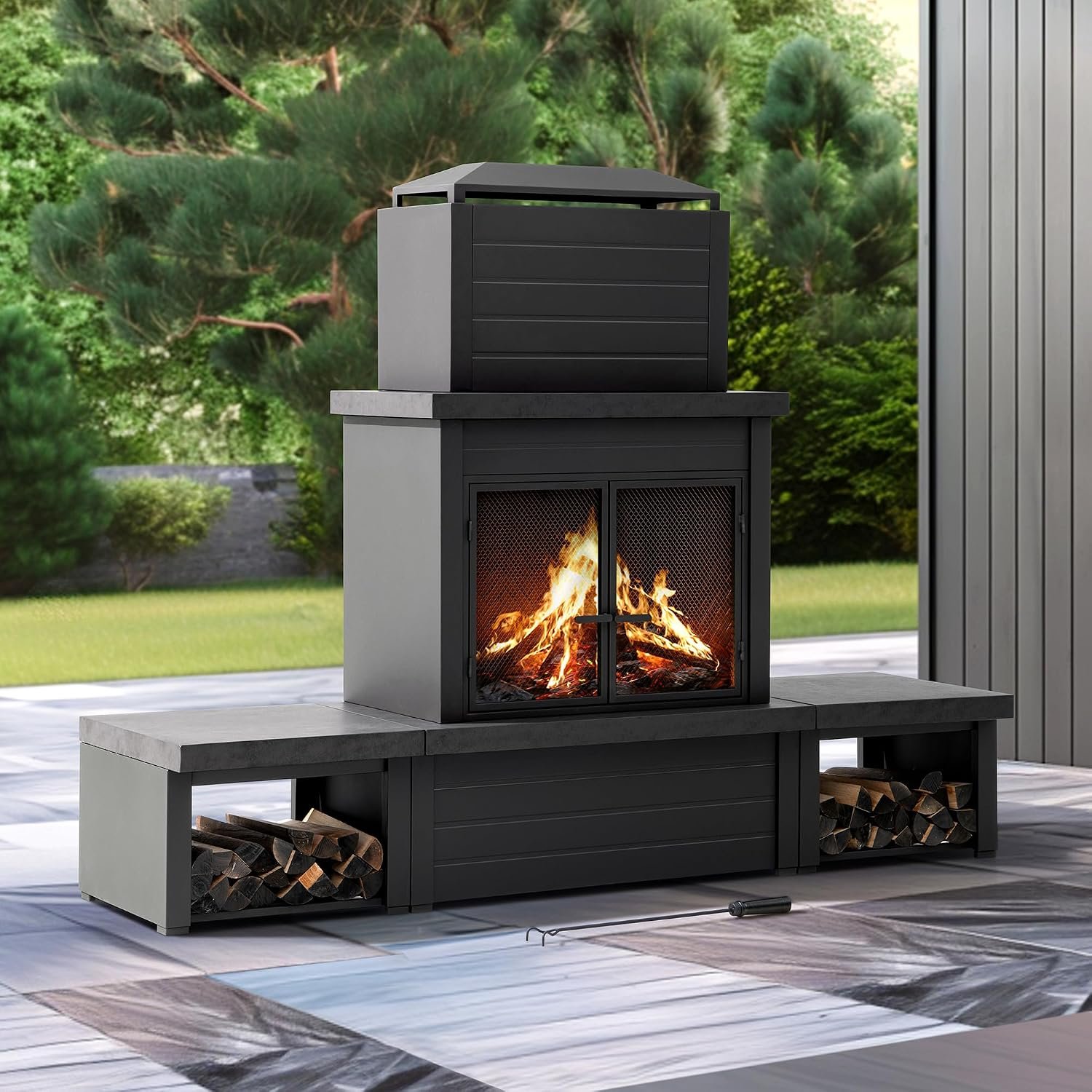 SUNJOY Outdoor Fireplace with Wood Storage and Chimney, Steel Wood Burning Firepit with Mesh Spark Screen Door, Fire Poker, Fireplace Tool & PVC Cover, for Patio Garden Deck Backyard, Black/Dark Gray