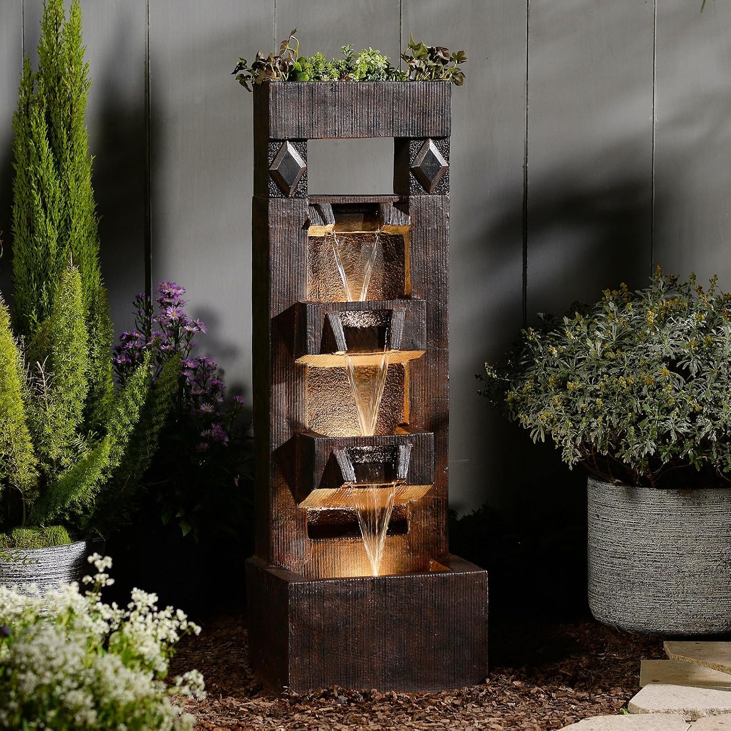 Bumilgar 40.9 in Modern Outdoor Water Fountain, 4-Tier Waterfall with LEDs | Top Planter Display, Warm LED Glow, Gentle Water Sound, Weather-Resistant Resin,Patio, Garden & Entryway Décor