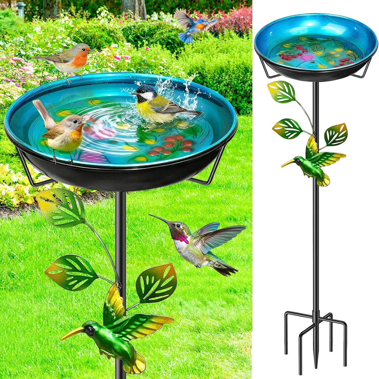Metal Bird Bath for Outside, Vintage Birdbaths Removable Feeder Bowl with Butterfly Flower, Easy to Clean Birdfeeder for Outdoors Garden Yard Lawn Decor (Blue)