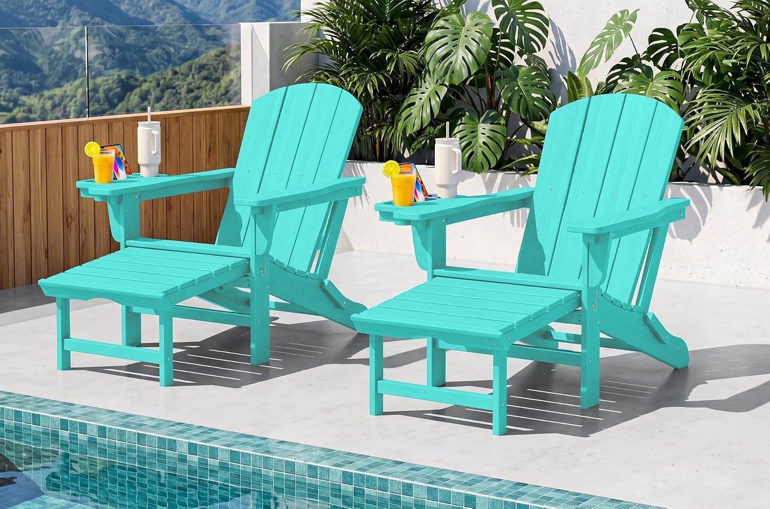 SERWALL Folding Adjustable Adirondack Chairs with Footrest Set of 2, HDPE Outdoor Chair with 4-in-1 Cup Holders, All Weather Adirondack Chair with Ottoman, Aruba