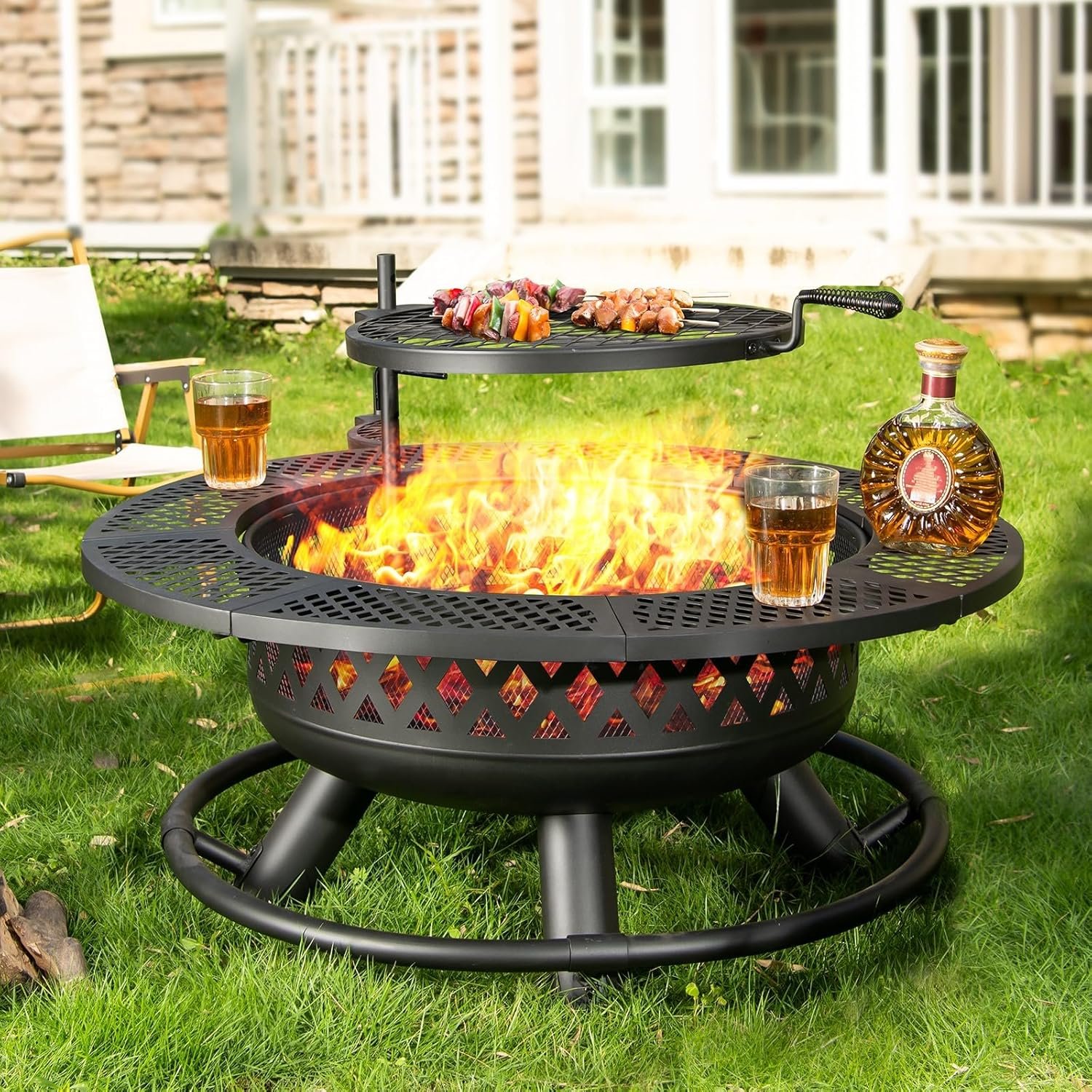 Panovue 36 Inch Fire Pit with Grill 3-in-1 Wood Burning Fire Pits Outdoors | Outdoor Fire Pit with Lid & Fire Poker,Metal Firepit Table with Cooking Grate,Firepits for Outside Yard Patio Bonfire(Black)