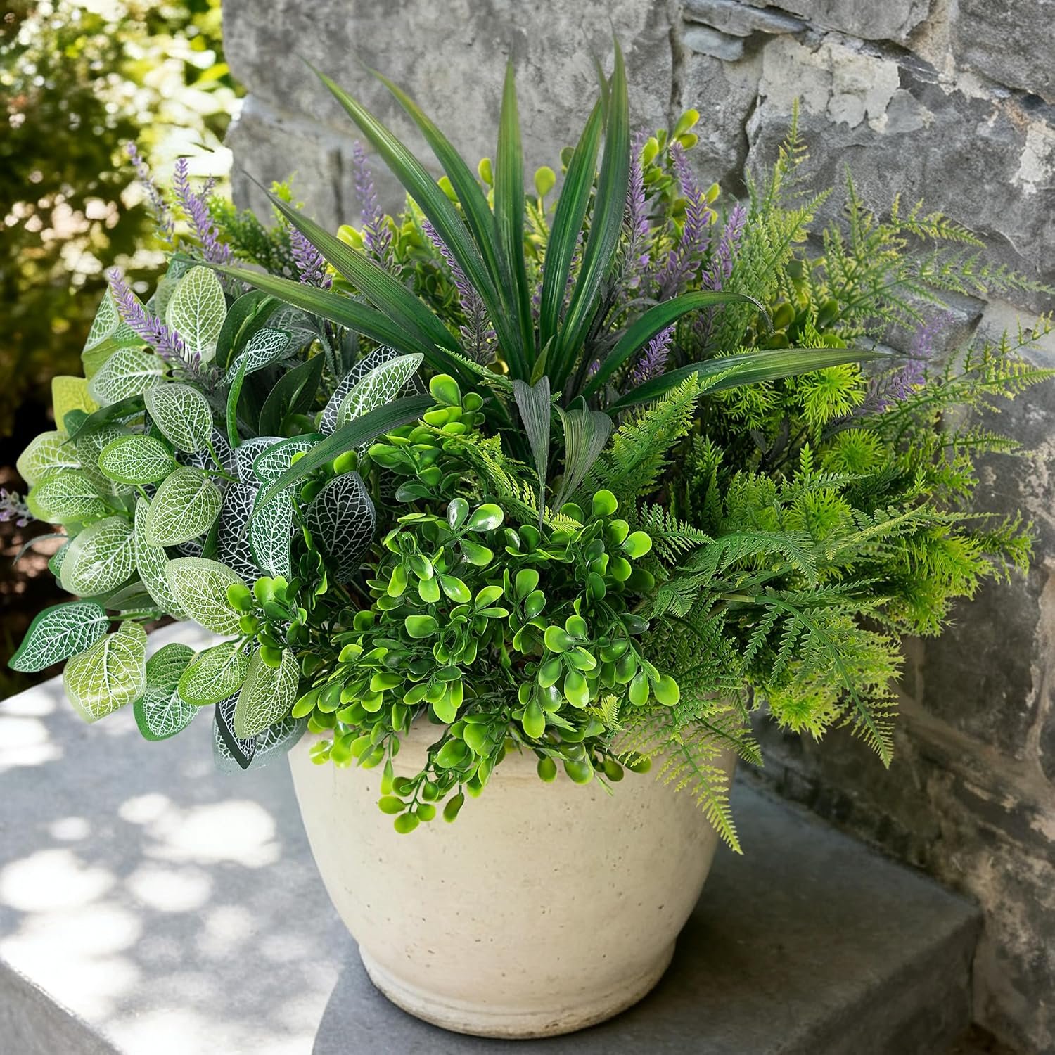 Hrobek Outdoor Faux Plants UV Resistant Fake Greenery for Outside Planter | 12 Bouquet Realistic Artificial Eucalyptus Fern Lavender Spider Vanilla Patio Garden Front Door Porch Yard Home Decor