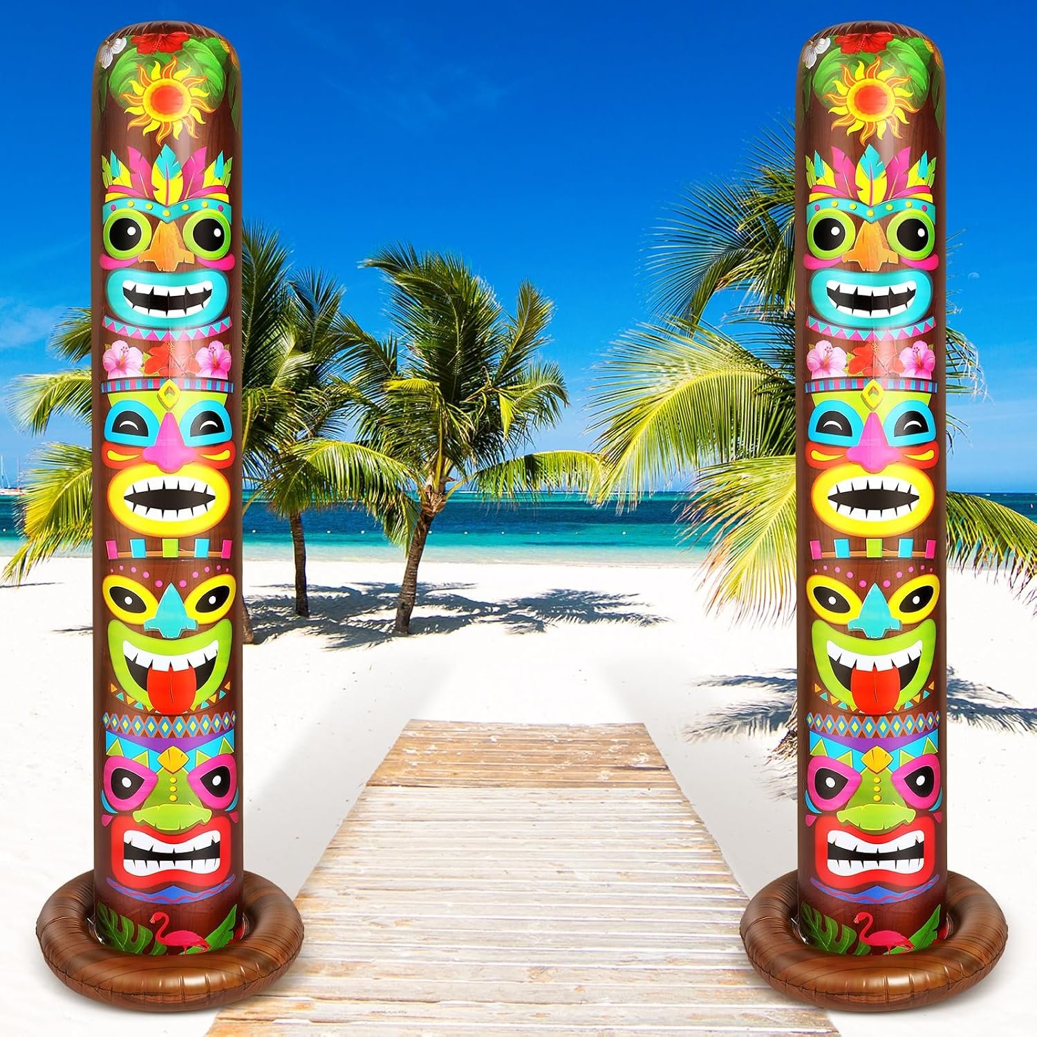 Leyndo 2 Pack 6 Ft Inflatable Tiki Luau Hawaiian Party Decorations | Tropical Decor for Themed Parties, Pool Beach Bar Supplies, Easy Setup with Storage Bag, Vibrant Totem Pole Design