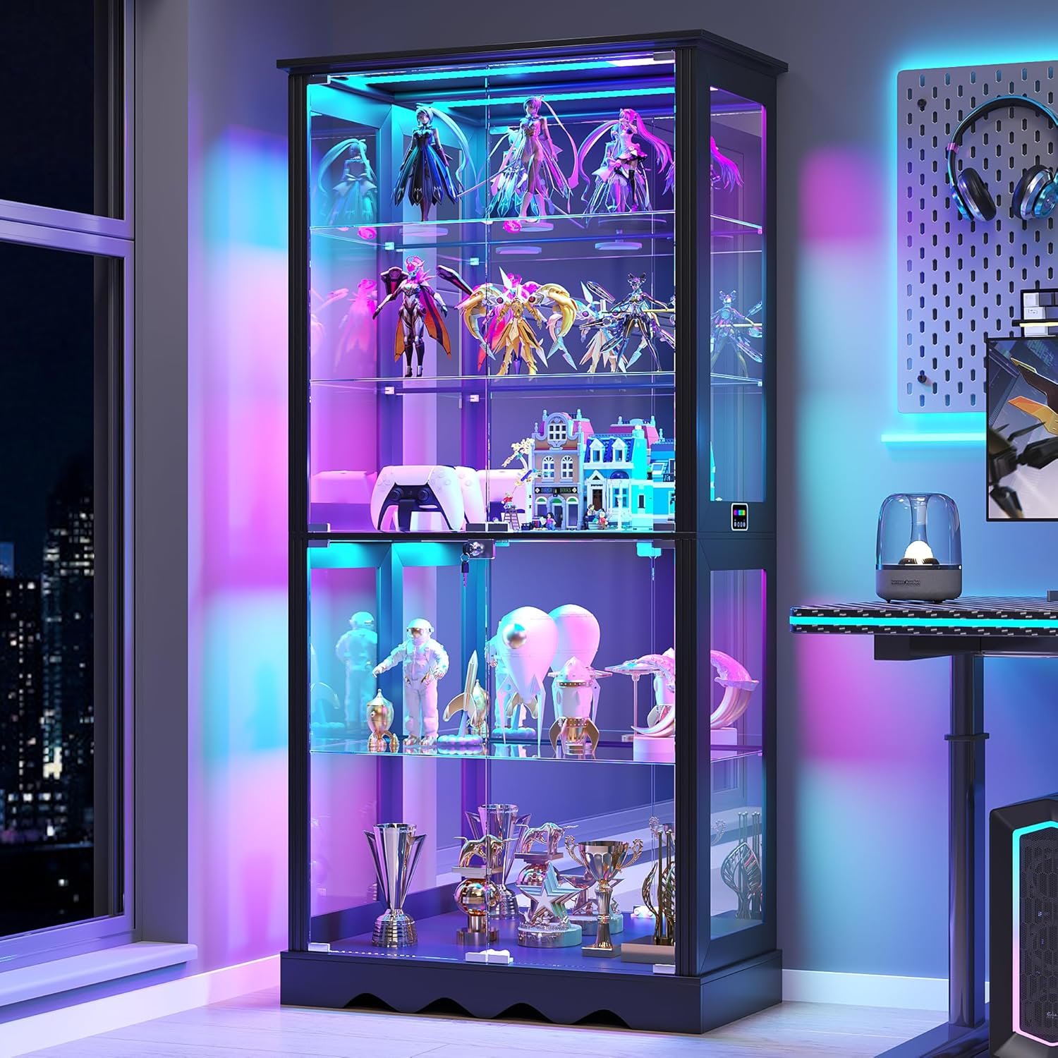 Dystler Display Cabinet with Glass Doors, RGB Lights for Collectibles | 71” Tall with Adjustable Shelves, Human Sensor LED Lighting Curio Cabinet, Black