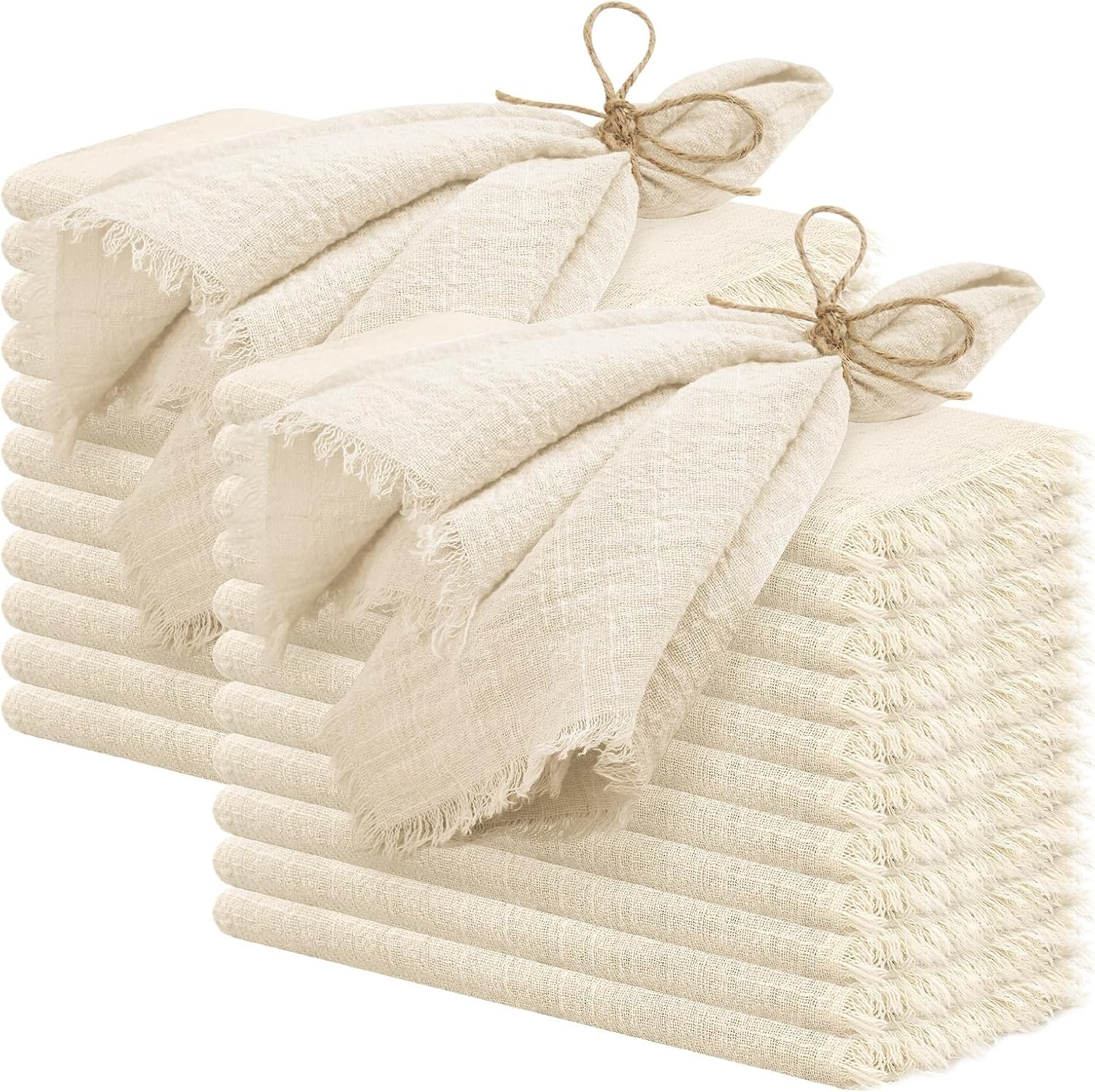 Pesonlook 24 Pcs Natural Cotton Linen Napkins with Fringe, 16×16 Inches | Handmade Cotton Cloth Napkins with Fringe,Delicate Rustic Dinner Napkins Bulk for Wedding/Dinner/Party