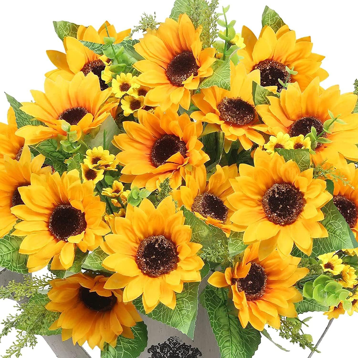 AmyHomie Artificial Sunflowers for Outdoors Fall Decor, 2 Bouquets | Garden, Patio, Wedding, Home, Centerpieces, Vase,UV Resistant, No Water,Bendable Stems, 17.7-Inch Length, 14 Large Blooms