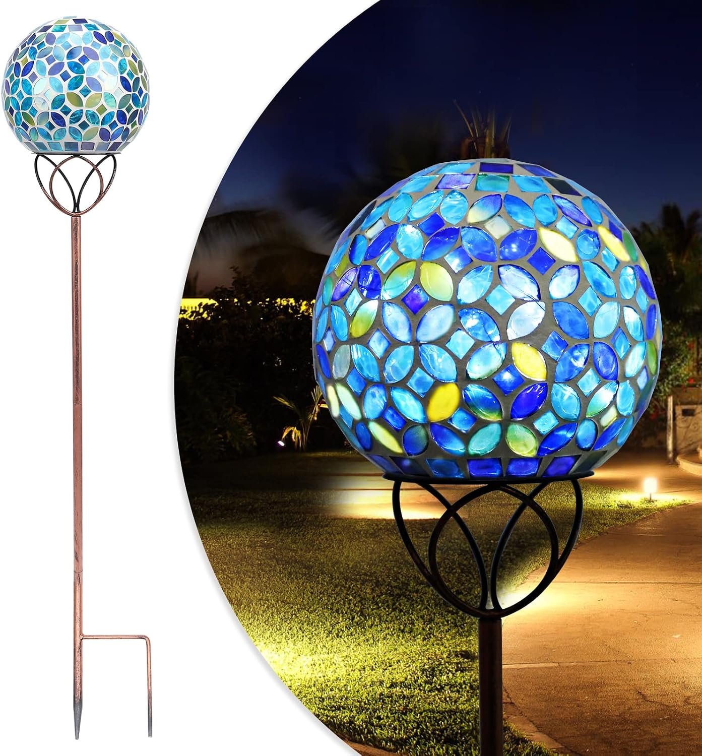 Solar Garden Decorative Light, Mosaic Gazing Globe Stake for Yard Decor | Mosaic Glass Globe Design with Waterproof Construction, Solar Garden Stakes for Garden, Lawn and Yard Decoration