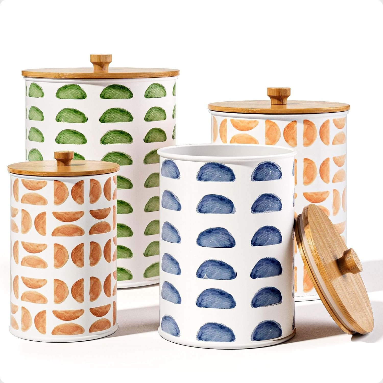 Kitchen Canisters for Countertop Set of 4, Patterned Iron w/ Airtight Lids | Airtight Easy Open Bamboo Lids – Dent-Resistant Thick Metal – Sturdy Comfortable Bamboo Handles – Unique Printed Pattern