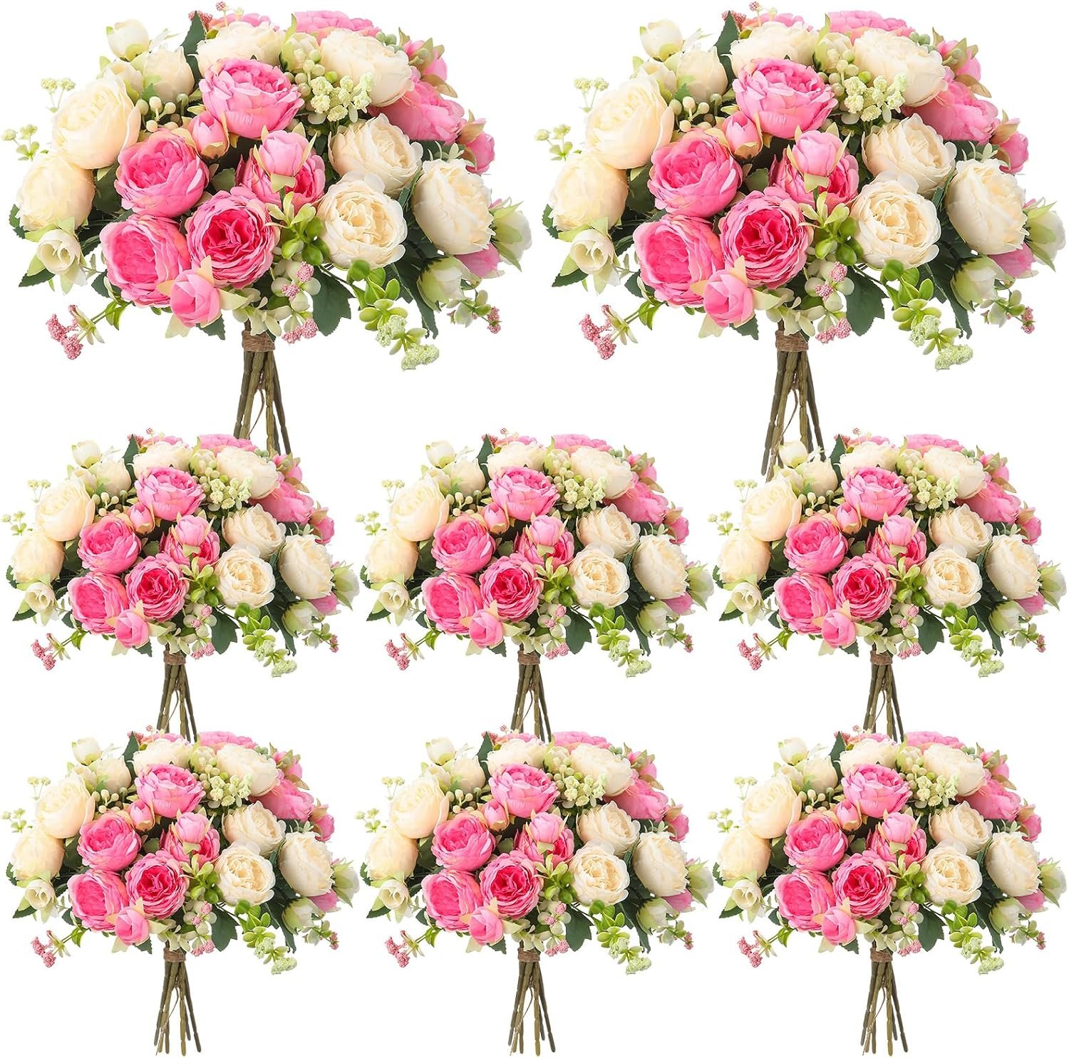 Geosar 8 Bundles Artificial Peonies Flowers,Pink, Champagne | Fake Silk Peony Flowers, Faux Bouquet Bulk for Wedding Party, Table Centerpieces, Vase Arrangements Decorations
