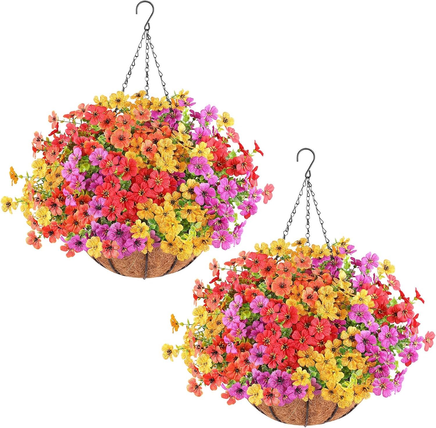 AGIRL 2 Set Artificial Hanging Flowers with Baskets for Outdoors | UV Resistant Fake Plants for Outdoor Porch Patio Garden, Realistic Silk Flowers for Spring Summer Home Decor