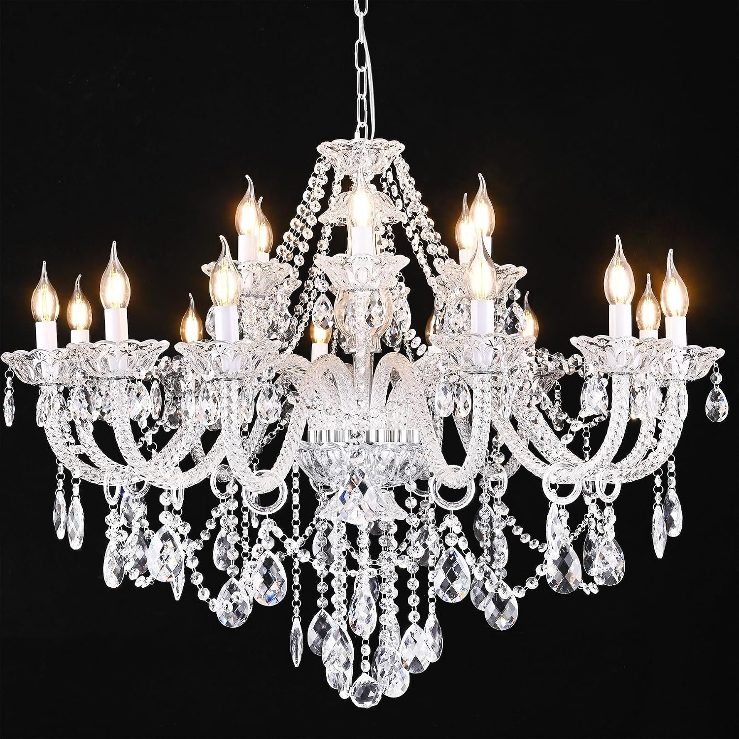 18-Light Double Layer Crystal Chandelier Transparent Modern Ceiling Pendant Light with K9 Crystal for Living Room Dining Room Bedroom Kitchen (Clear 18)