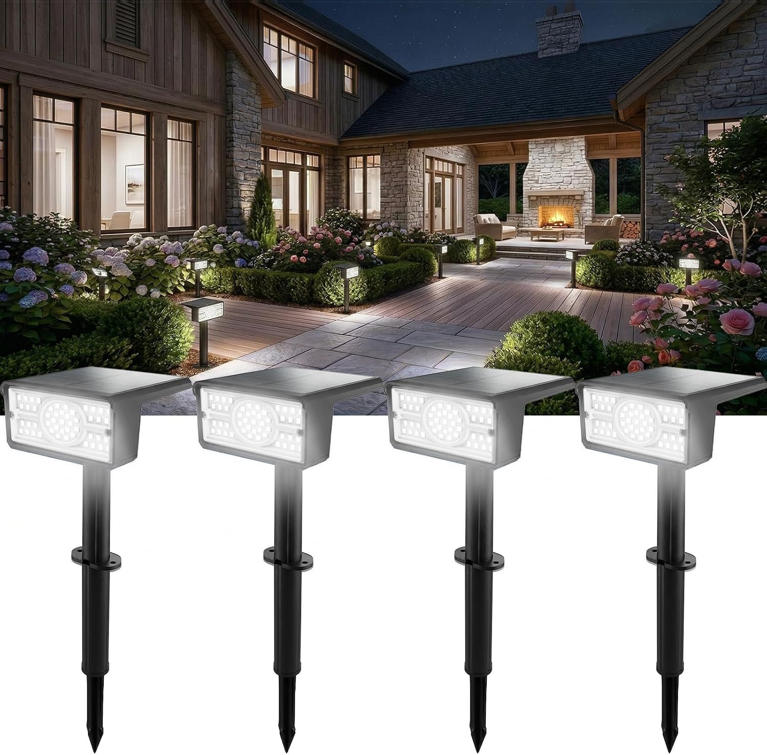T-SUN Solar Spot Lights Outdoor Waterproof,Cool White,4 Pack | 49 LEDs, 2 Lighting Modes, IP65 Waterproof Solar Landscape Spotlights, Dusk to Dawn Solar Uplights for Trees, Yard, Garden