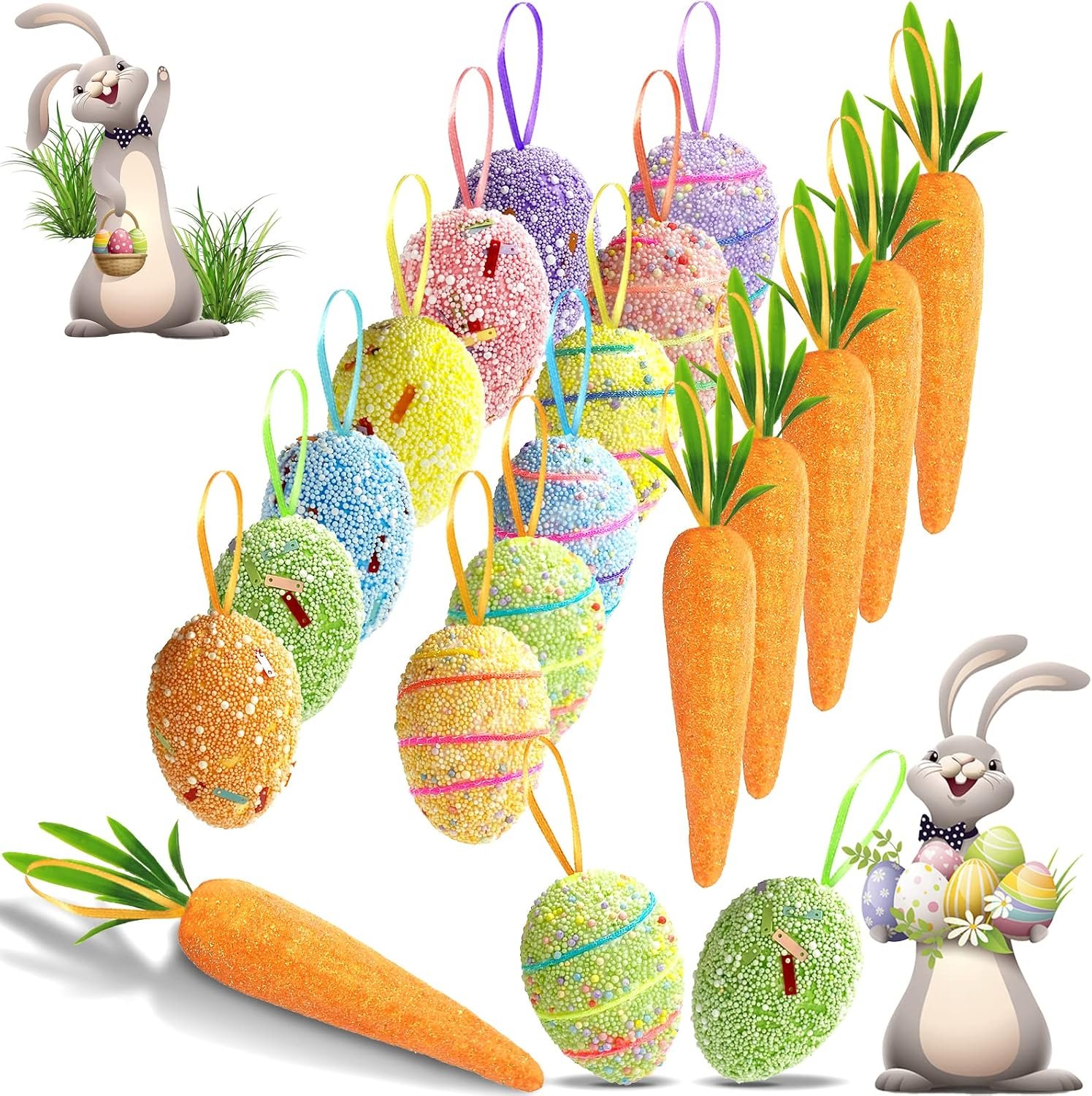 18PCS Easter Egg Ornaments and Carrot Hanging Ornaments Colorful Foam Hanging Egg Ornaments Foam Glitter Artificial Carrots Easter Tree Decorations Home Party DIY Crafts