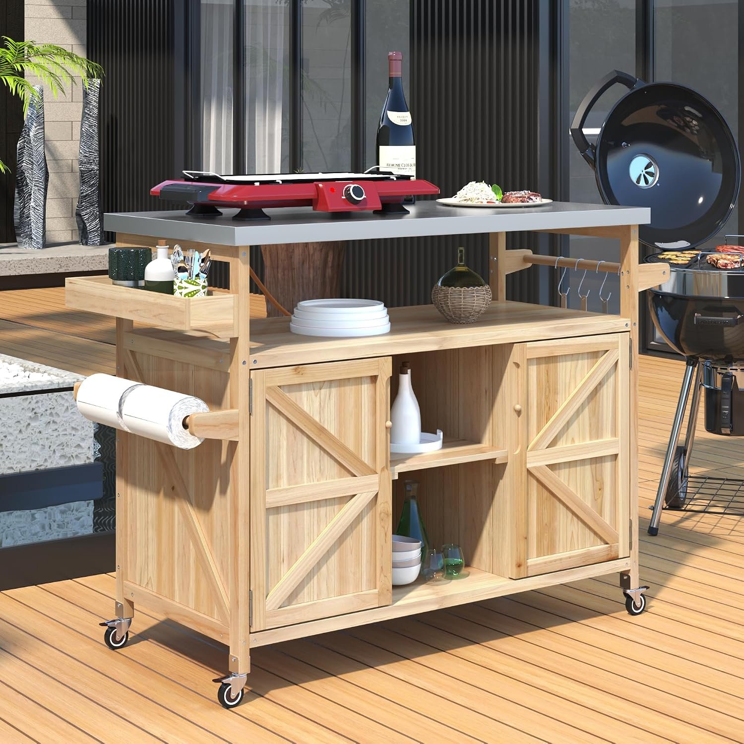 43.3” Outdoor Grill Cart with Storage, Rolling Bar Cart, Natural | Lockable Wheels, Farmhouse Solid Wood, Outdoor Grill Table, Stainless Steel Top, Spice Rack, Towel Rack for Kitchen and BBQ